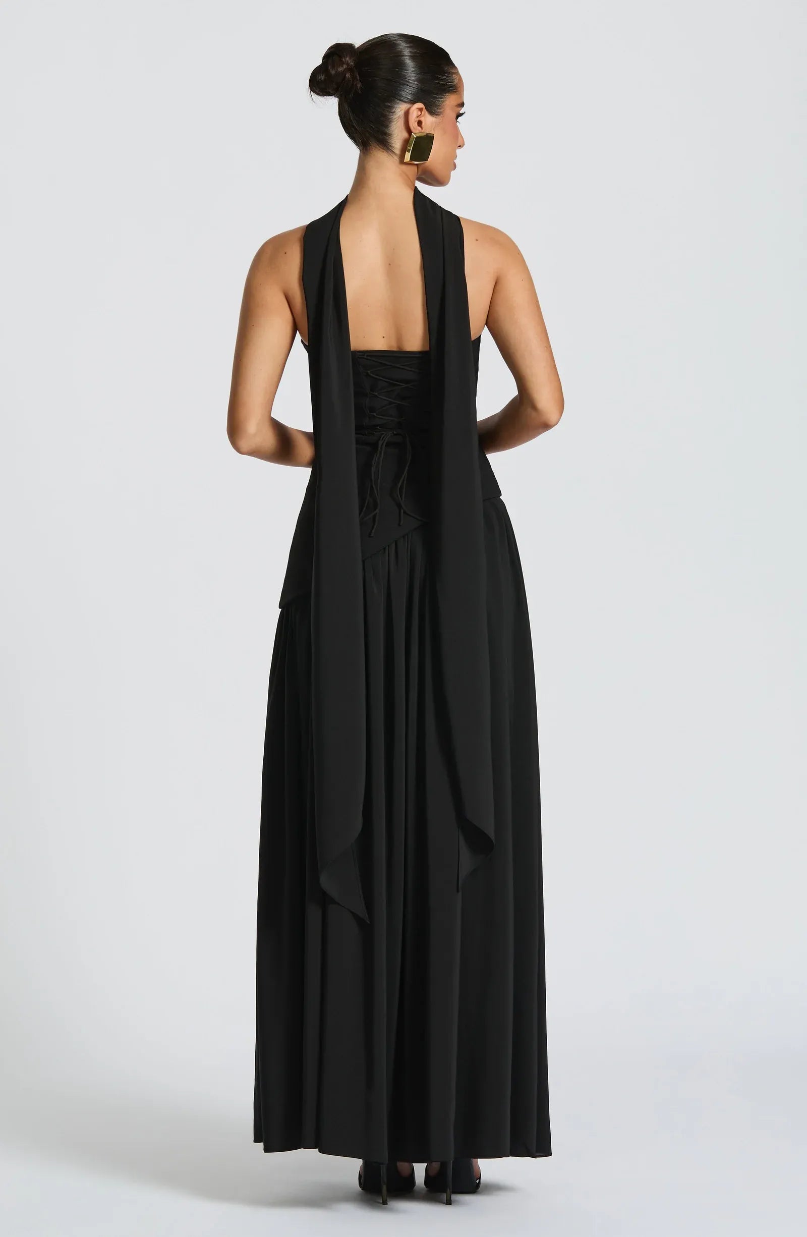 Strapless Tube Neck Choker Sash Cross Lace Up High Slit Two-Tier Black Crepe Maxi Wedding Guest Dresses