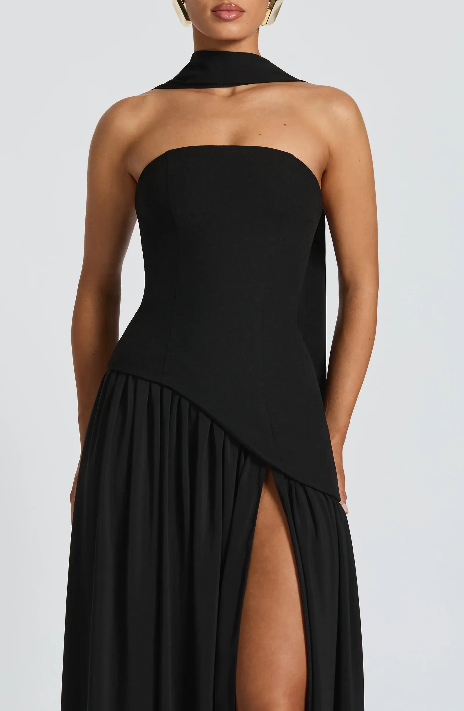 Strapless Tube Neck Choker Sash Cross Lace Up High Slit Two-Tier Black Crepe Maxi Wedding Guest Dresses