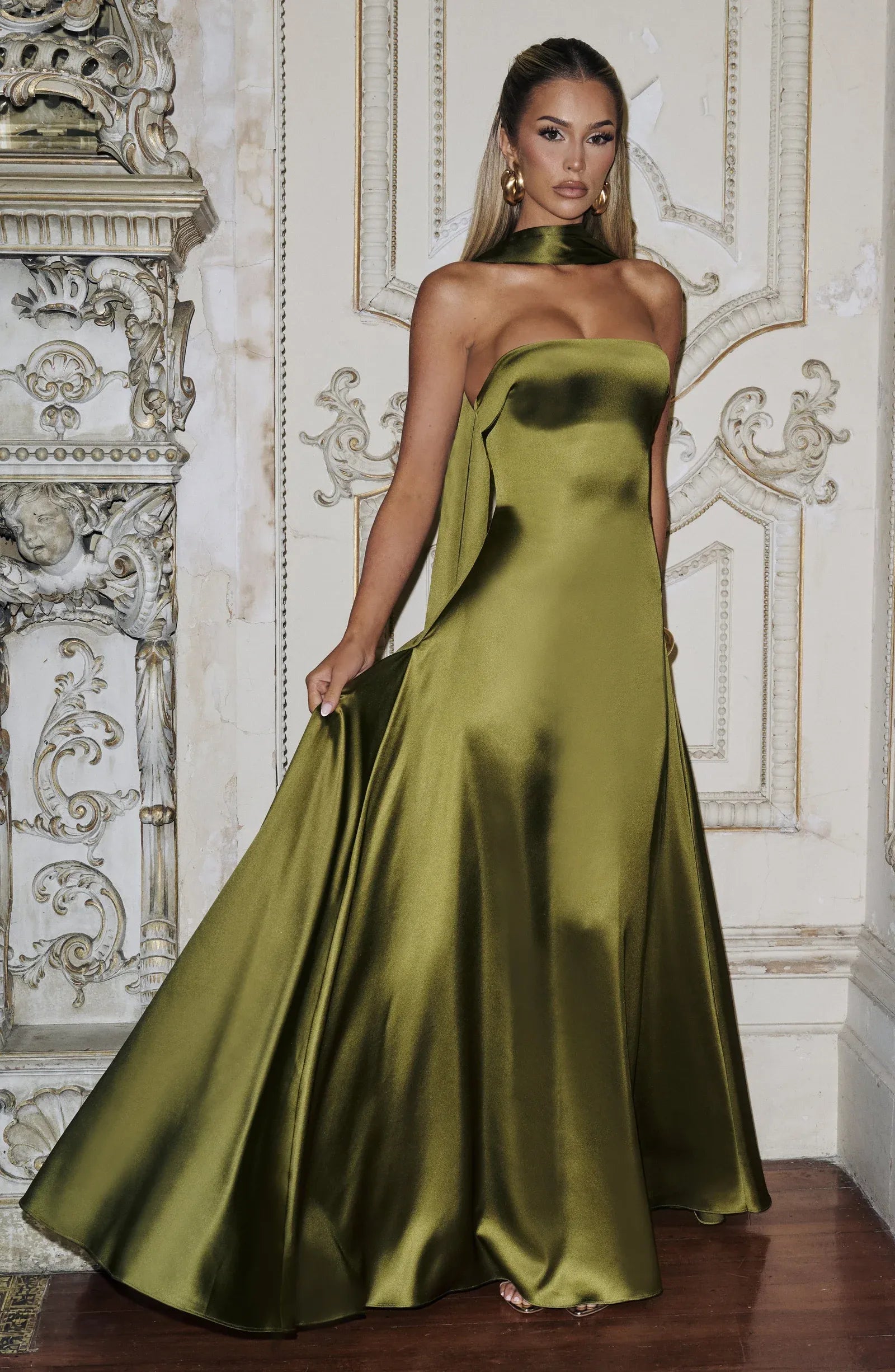 Strapless Tube Neck Choker Sash Flowy A Line Olive Green Satin Maxi Wedding Guest Dresses