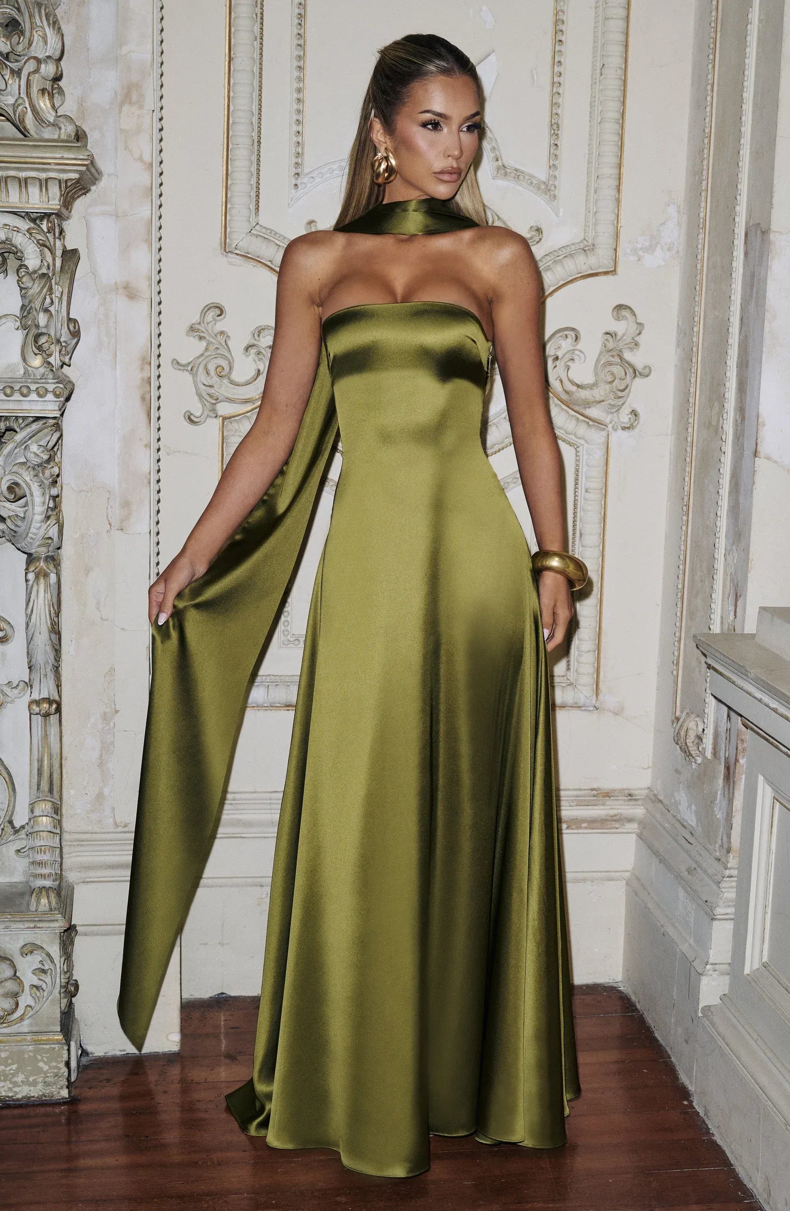 Strapless Tube Neck Choker Sash Flowy A Line Olive Green Satin Maxi Wedding Guest Dresses