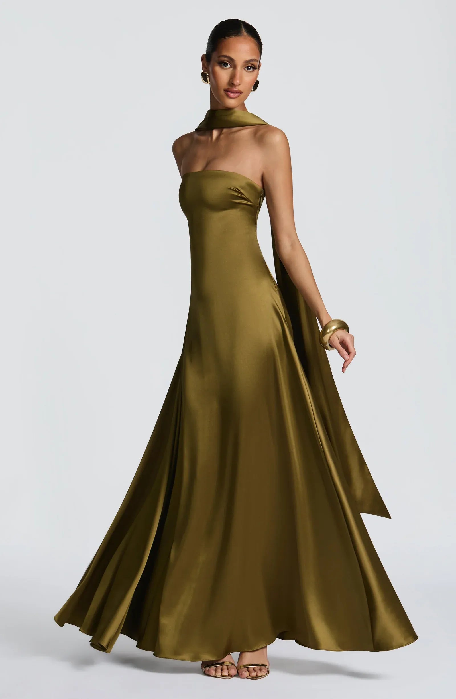 Strapless Tube Neck Choker Sash Flowy A Line Olive Green Satin Maxi Wedding Guest Dresses