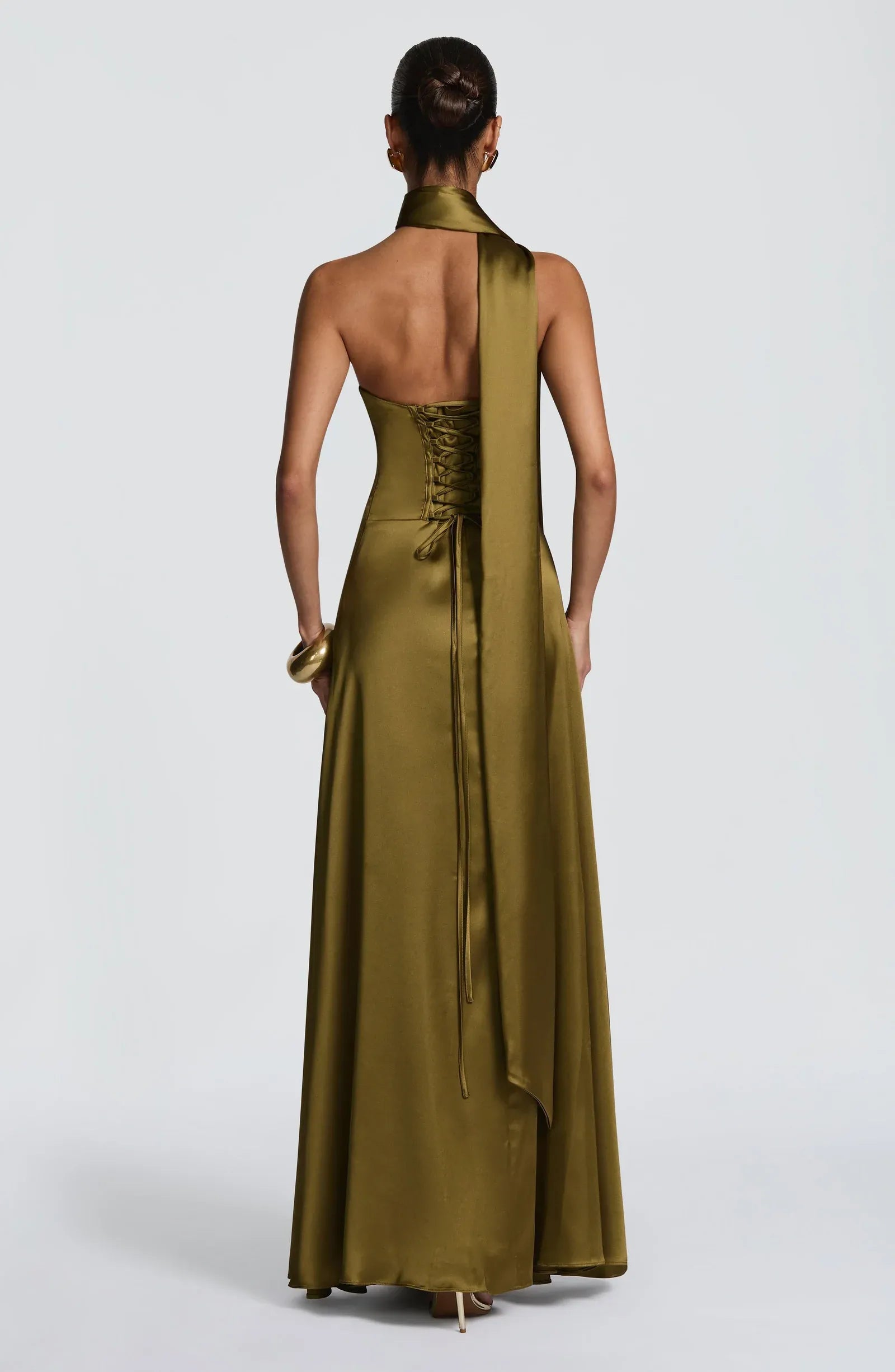 Strapless Tube Neck Choker Sash Flowy A Line Olive Green Satin Maxi Wedding Guest Dresses