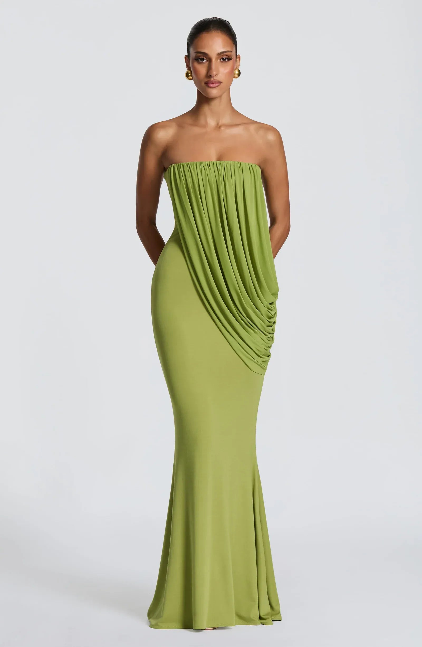 Strapless Tube Neck Draped Overlay Muted Olive Green Crepe Mermaid Maxi Wedding Guest Dresses