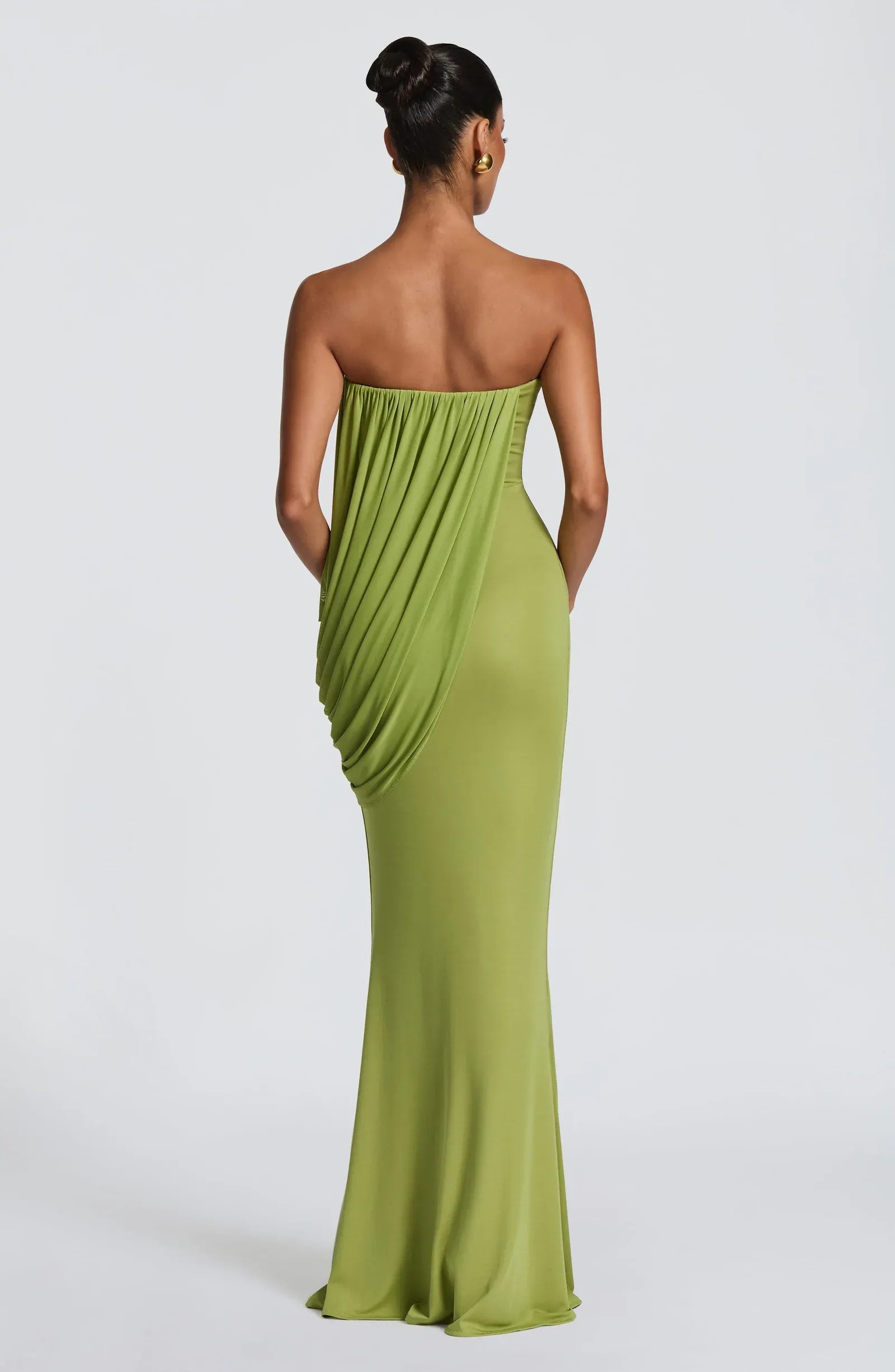 Strapless Tube Neck Draped Overlay Muted Olive Green Crepe Mermaid Maxi Wedding Guest Dresses