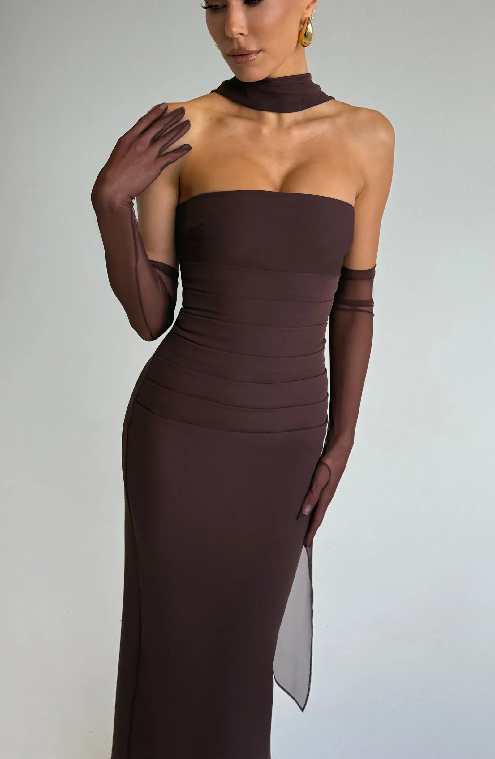 Strapless Tube Neck Mesh Choker Mesh Gloves Side Ruched Dark Brown Midi Wedding Guest Dresses
