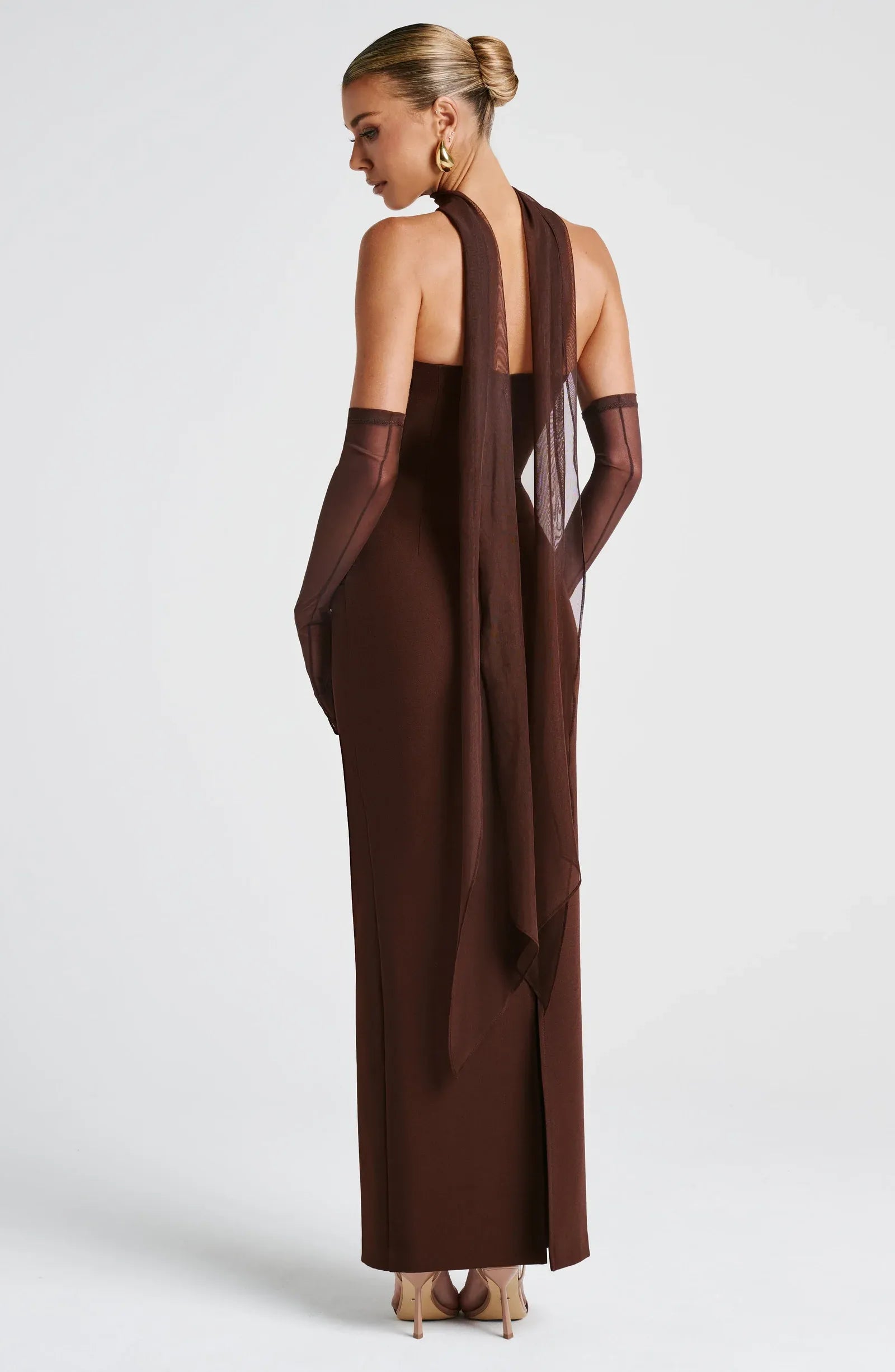 Strapless Tube Neck Mesh Choker Mesh Gloves Side Ruched Dark Brown Midi Wedding Guest Dresses