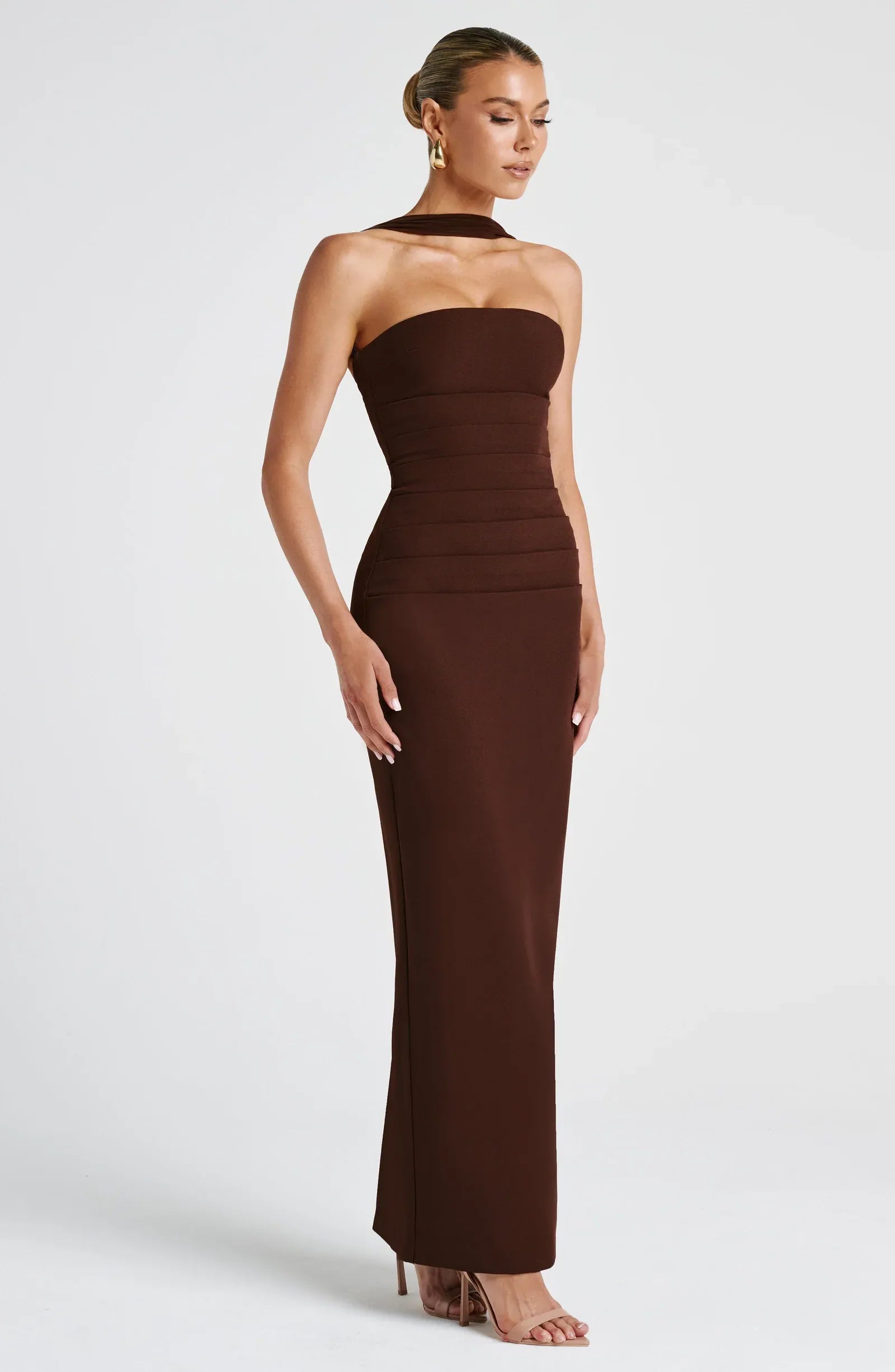 Strapless Tube Neck Mesh Choker Mesh Gloves Side Ruched Dark Brown Midi Wedding Guest Dresses