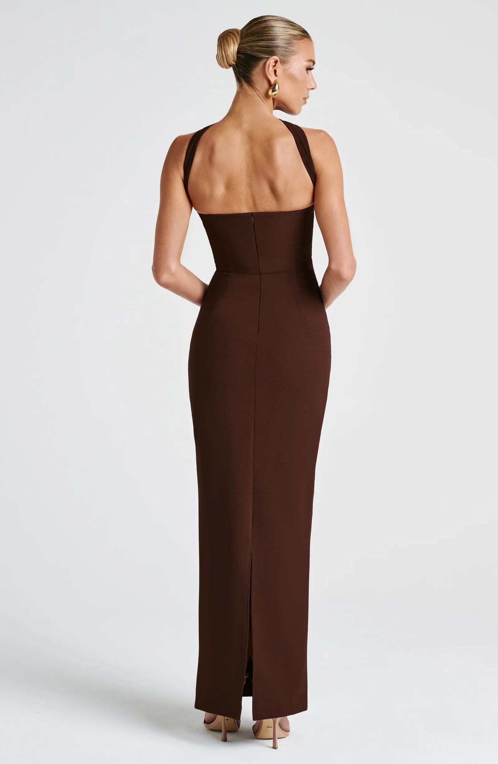 Strapless Tube Neck Mesh Choker Mesh Gloves Side Ruched Dark Brown Midi Wedding Guest Dresses