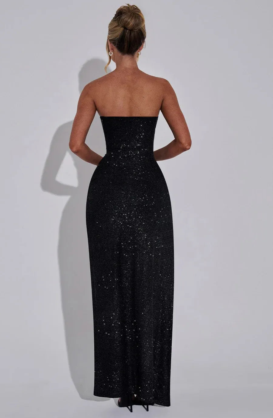 Strapless Tube Neck Ruffle High Slit Black Glitter Maxi Wedding Guest Dresses