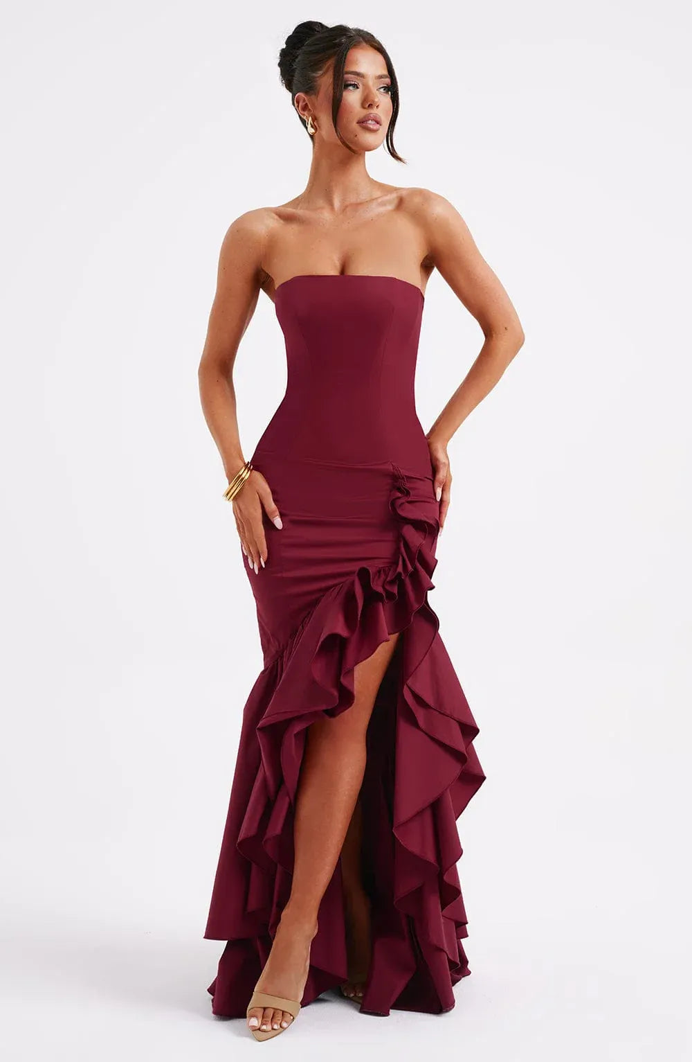 Strapless Tube Neck Side Ruffle High Slit Burgundy Mermaid Maxi Wedding Guest Dresses