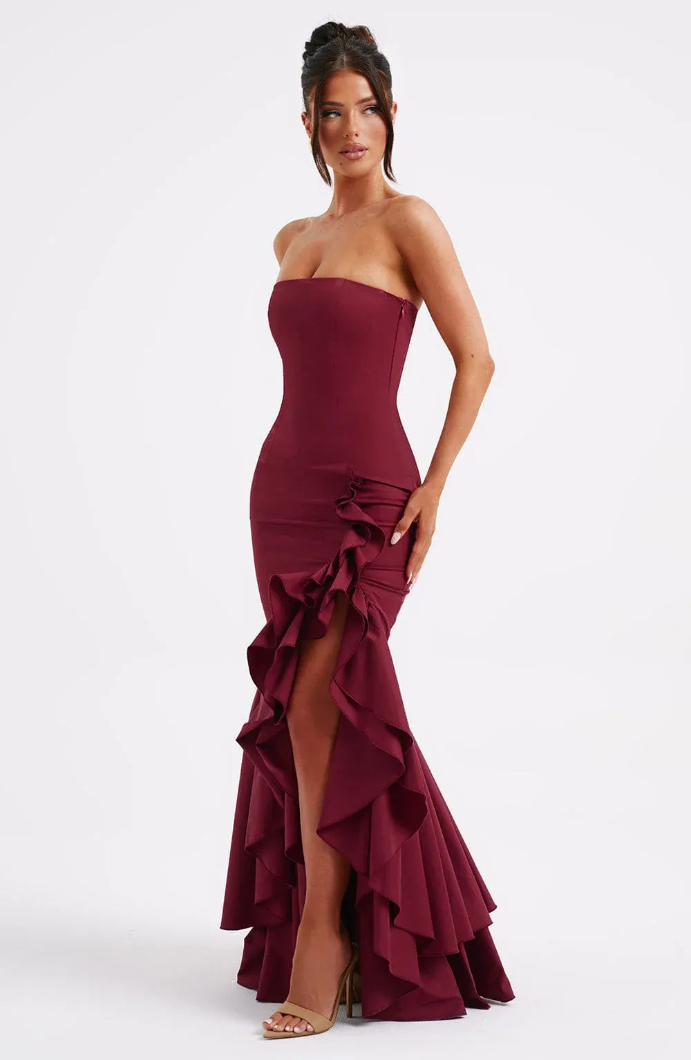 Strapless Tube Neck Side Ruffle High Slit Burgundy Mermaid Maxi Wedding Guest Dresses