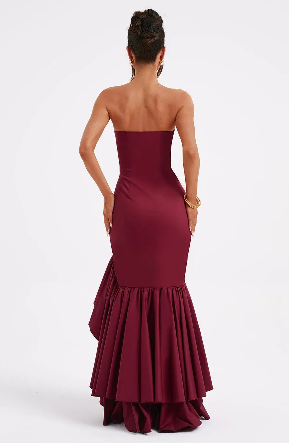 Strapless Tube Neck Side Ruffle High Slit Burgundy Mermaid Maxi Wedding Guest Dresses