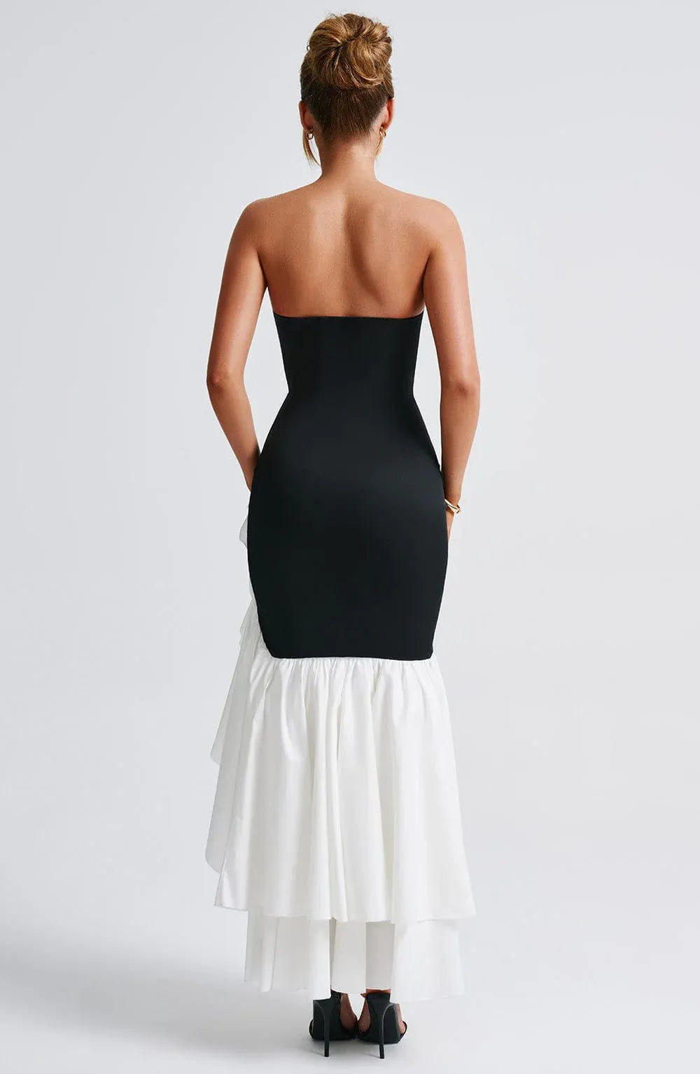 Strapless Tube Neck Two Tone Ruffle High Slit Mermaid Black White Maxi Wedding Guest Dresses