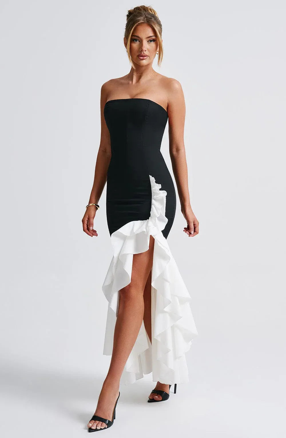 Strapless Tube Neck Two Tone Ruffle High Slit Mermaid Black White Maxi Wedding Guest Dresses