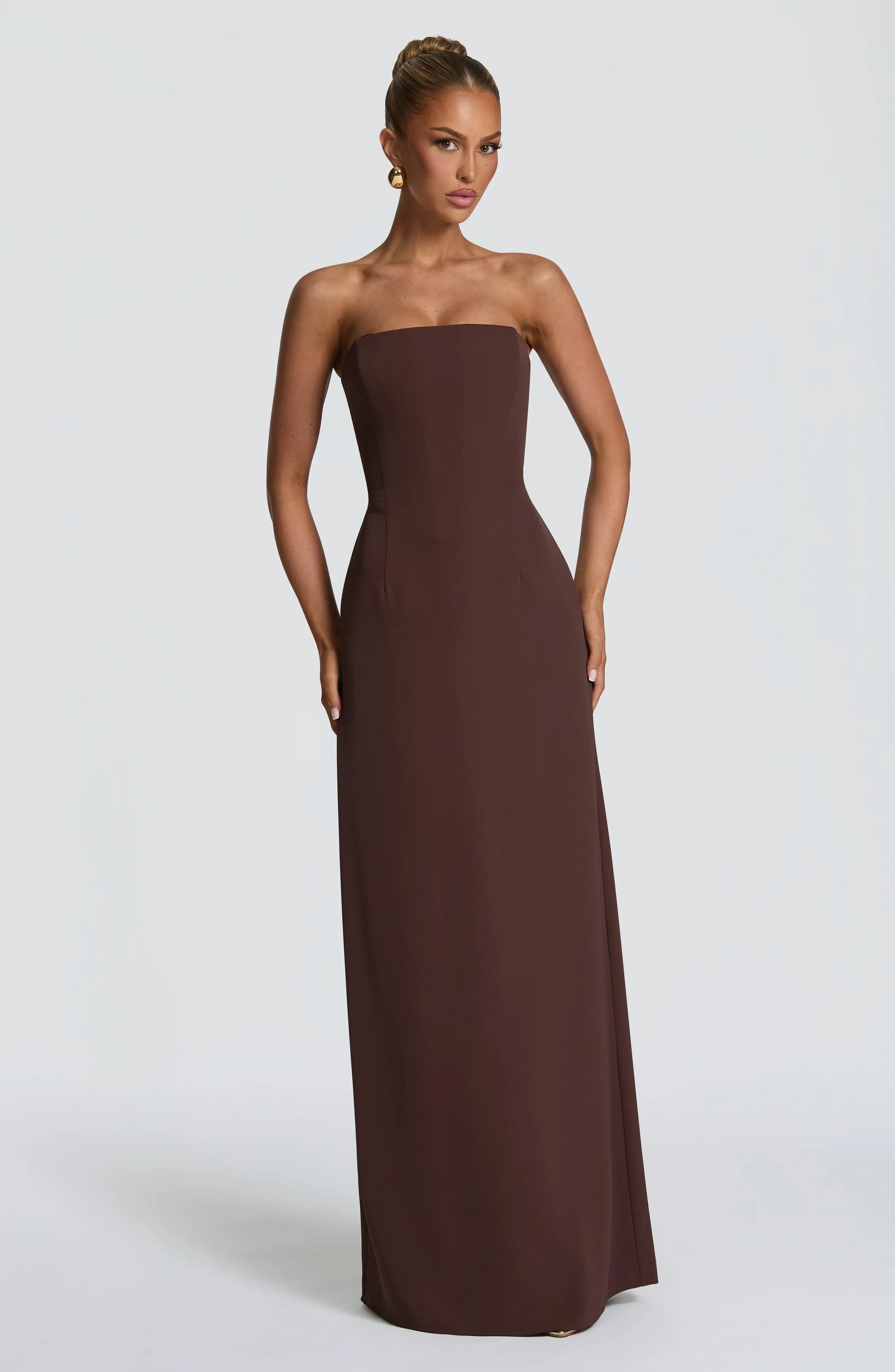 Strapless Tube Plain Maxi Slit Dark Brown Crepe Mermaid Wedding Guest Dresses