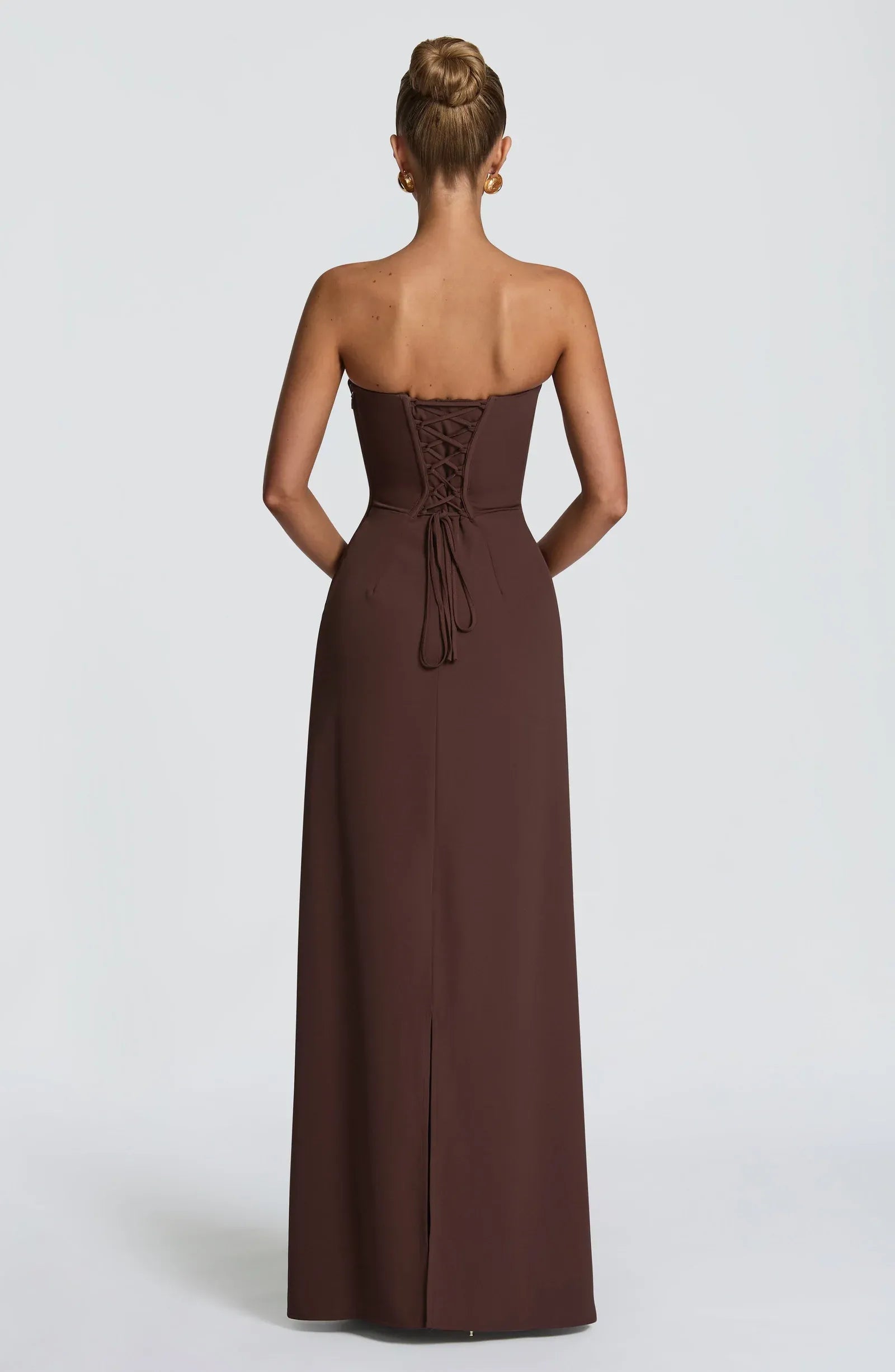 Strapless Tube Plain Maxi Slit Dark Brown Crepe Mermaid Wedding Guest Dresses
