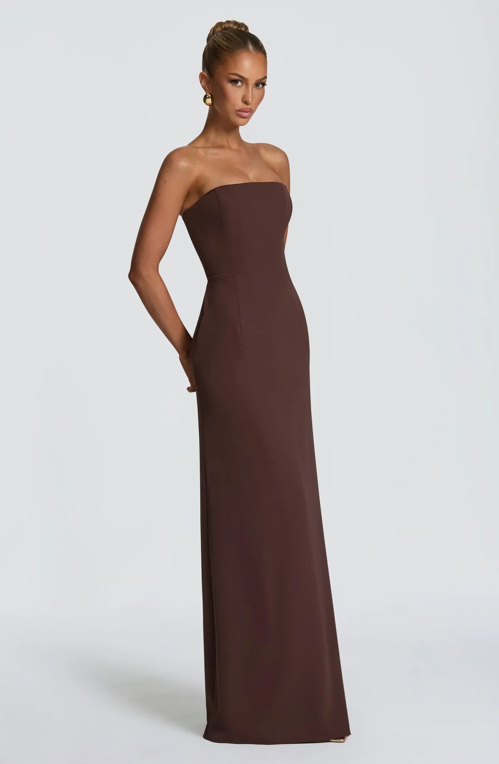 Strapless Tube Plain Maxi Slit Dark Brown Crepe Mermaid Wedding Guest Dresses