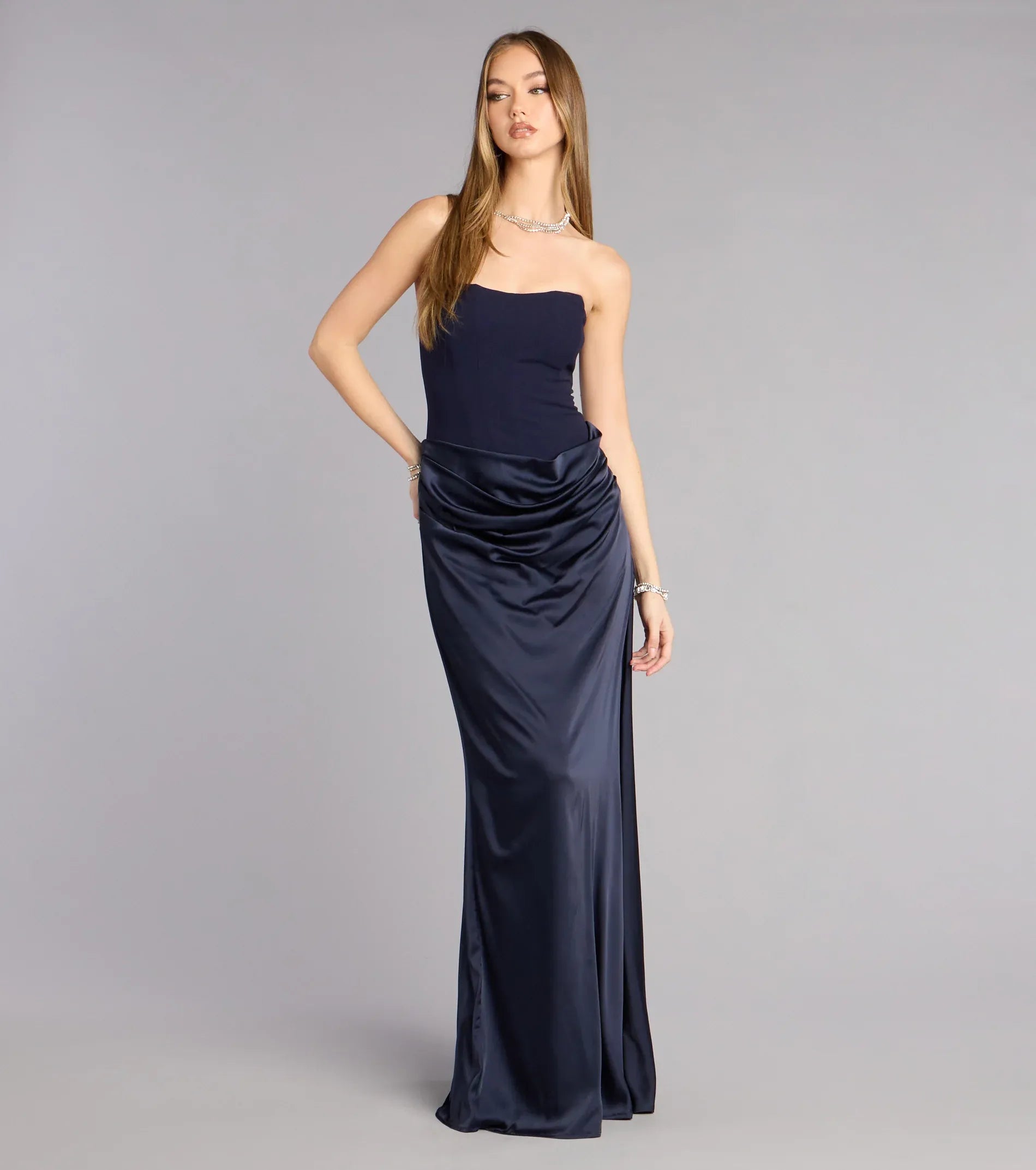 Strapless Tube Two-Tone Draped Waist Satin Mermaid Maxi Wedding Guest Dress