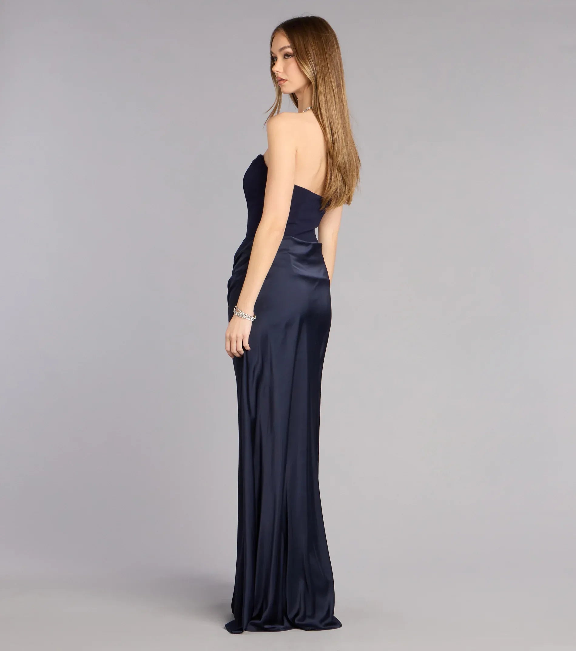 Strapless Tube Two-Tone Draped Waist Satin Mermaid Maxi Wedding Guest Dress