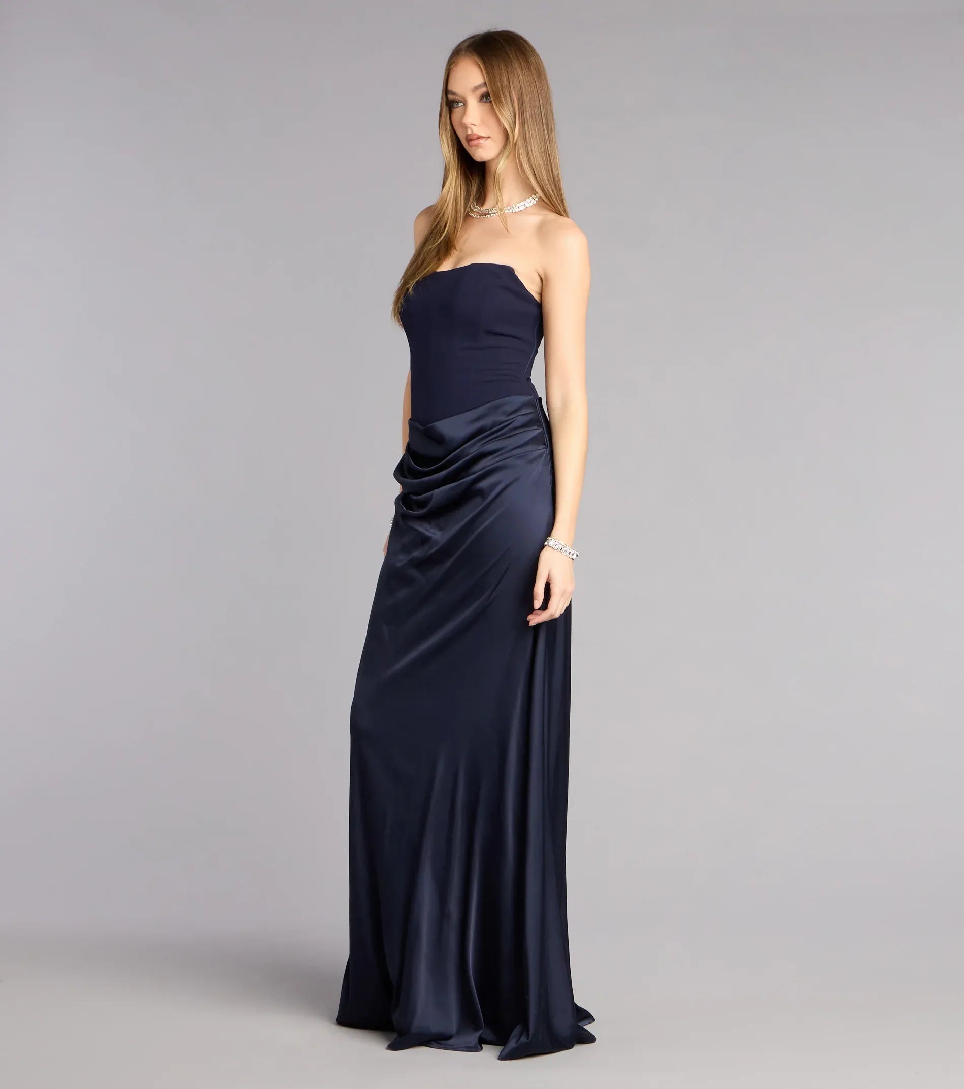 Strapless Tube Two-Tone Draped Waist Satin Mermaid Maxi Wedding Guest Dress