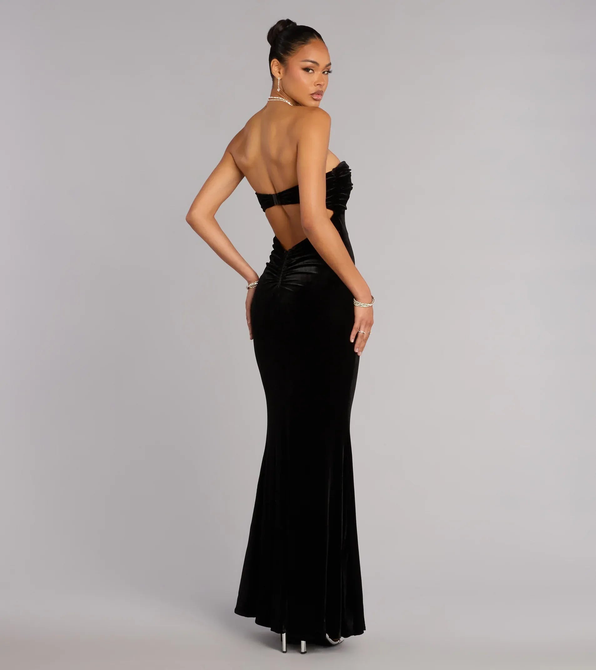 Strapless Twisted Knot Open Back Black Velvet Mermaid Maxi Wedding Guest Dress