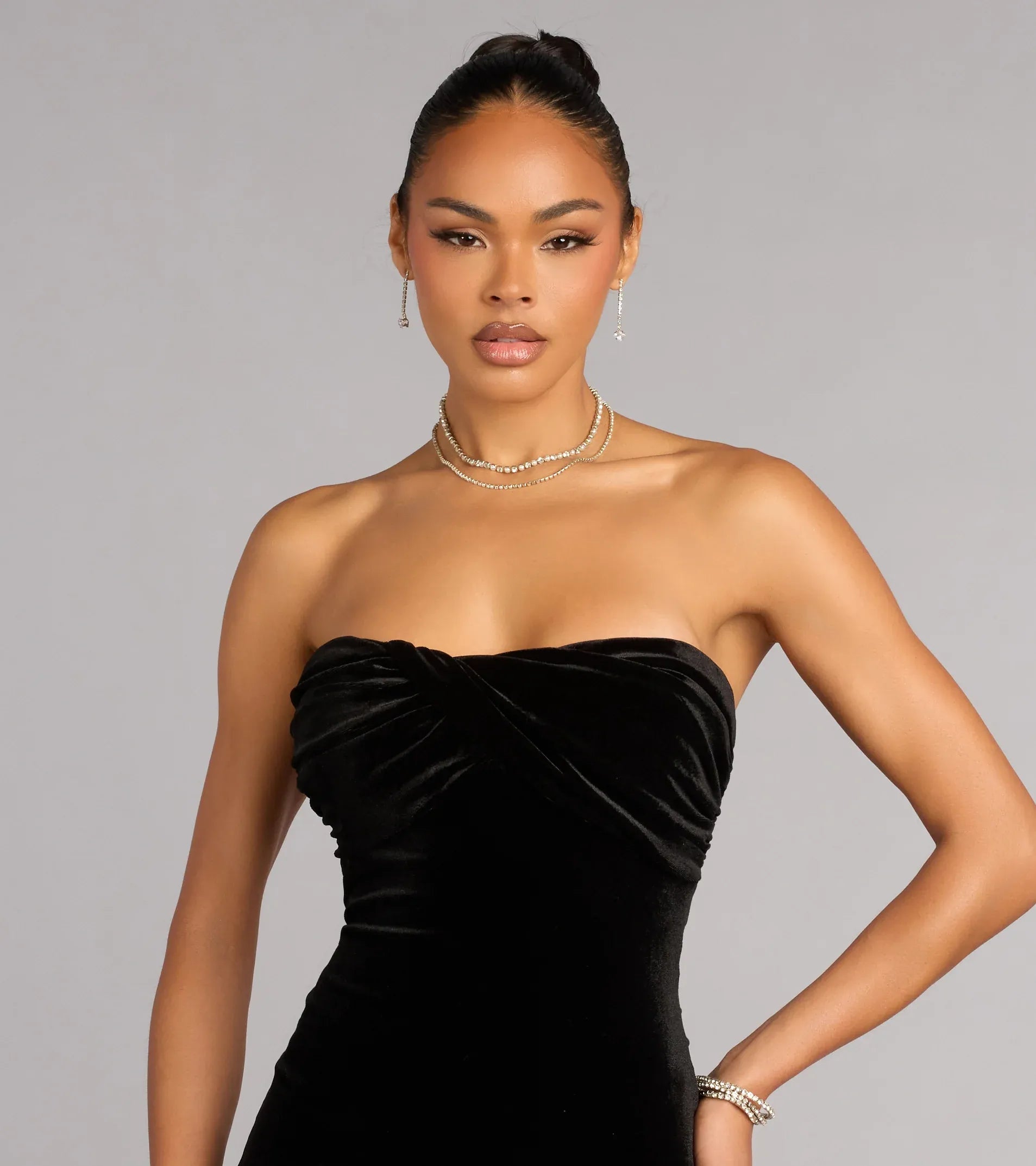 Strapless Twisted Knot Open Back Black Velvet Mermaid Maxi Wedding Guest Dress