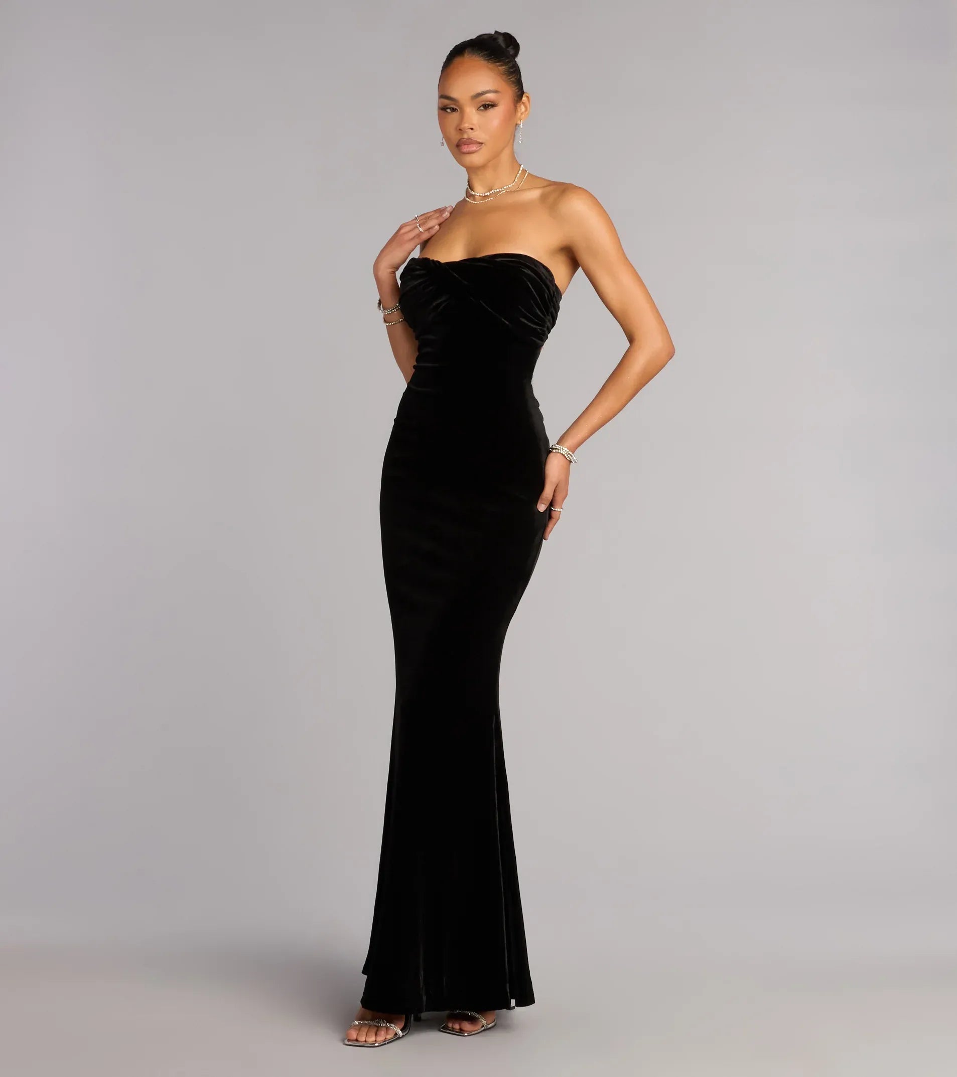 Strapless Twisted Knot Open Back Black Velvet Mermaid Maxi Wedding Guest Dress