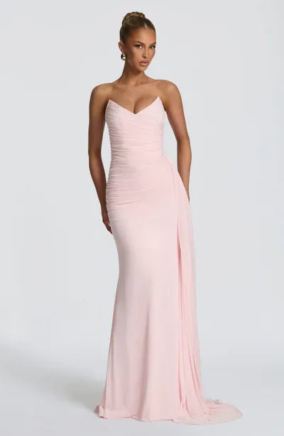 Strapless V Neck Ruched Bodice Side Chiffon Drape Train Plain Slit Blush Jersey Mermaid Maxi Wedding Guest Dresses