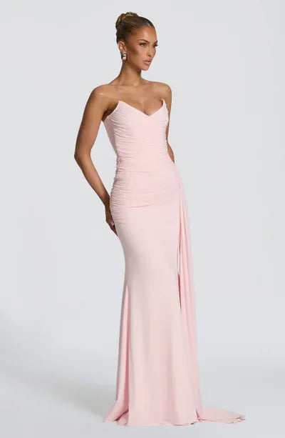 Strapless V Neck Ruched Bodice Side Chiffon Drape Train Plain Slit Blush Jersey Mermaid Maxi Wedding Guest Dresses