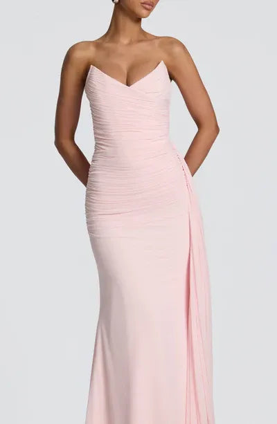Strapless V Neck Ruched Bodice Side Chiffon Drape Train Plain Slit Blush Jersey Mermaid Maxi Wedding Guest Dresses