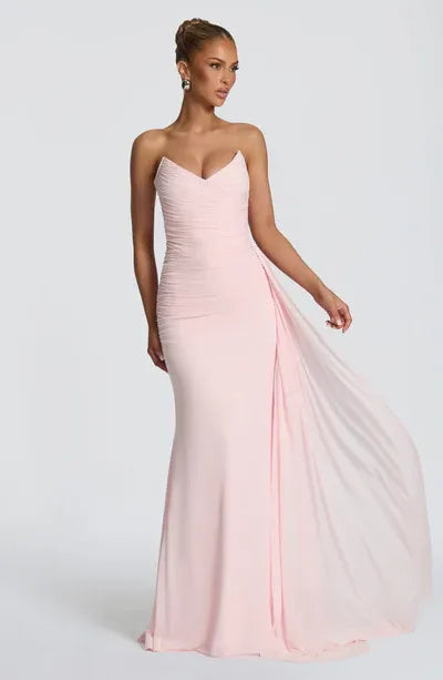 Strapless V Neck Ruched Bodice Side Chiffon Drape Train Plain Slit Blush Jersey Mermaid Maxi Wedding Guest Dresses