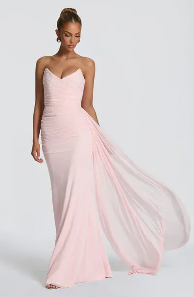 Strapless V Neck Ruched Bodice Side Chiffon Drape Train Plain Slit Blush Jersey Mermaid Maxi Wedding Guest Dresses