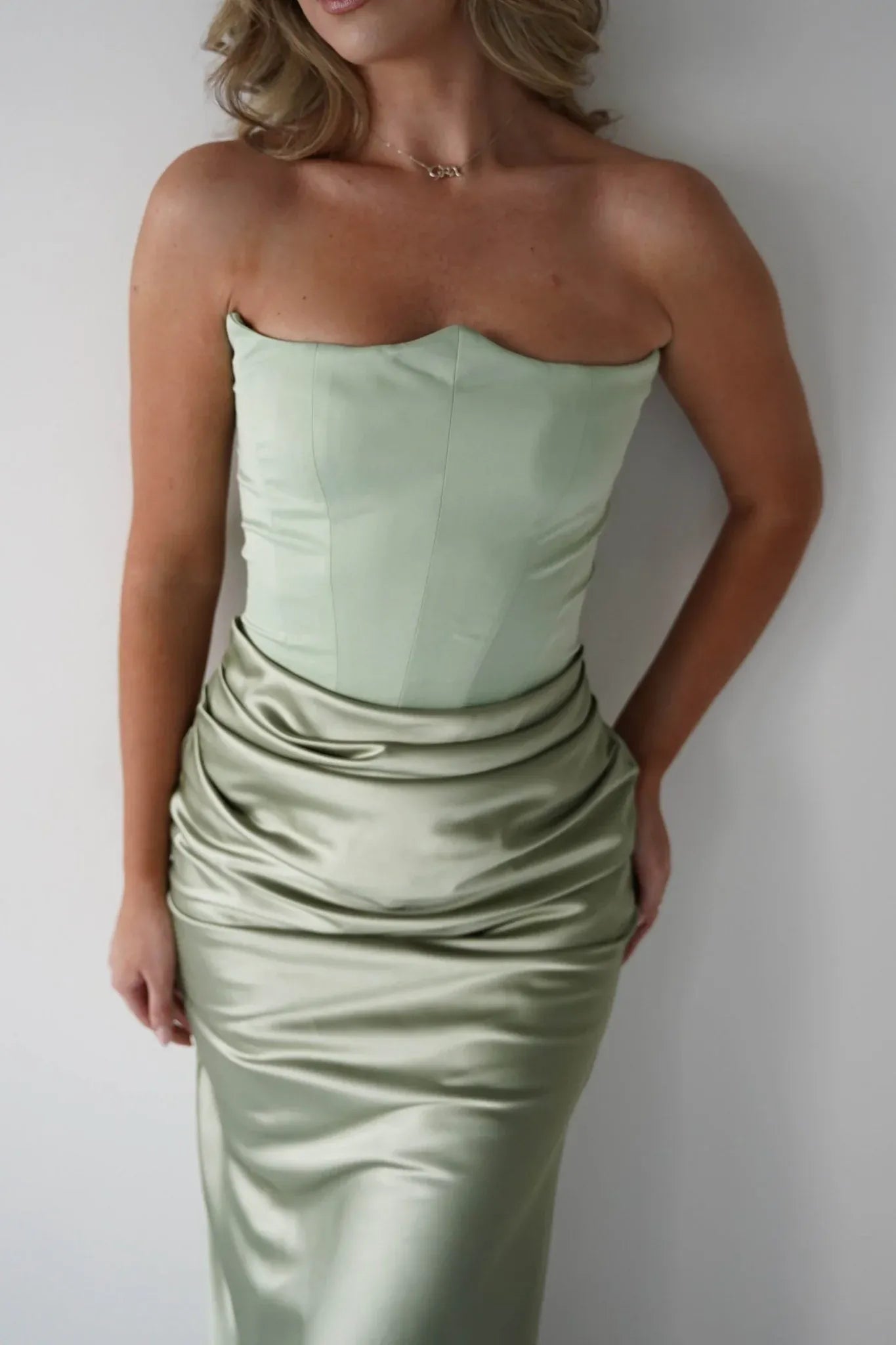 Strapless Sage Green Satin Mermaid Bridesmaid Dress with Lace-Up Back
