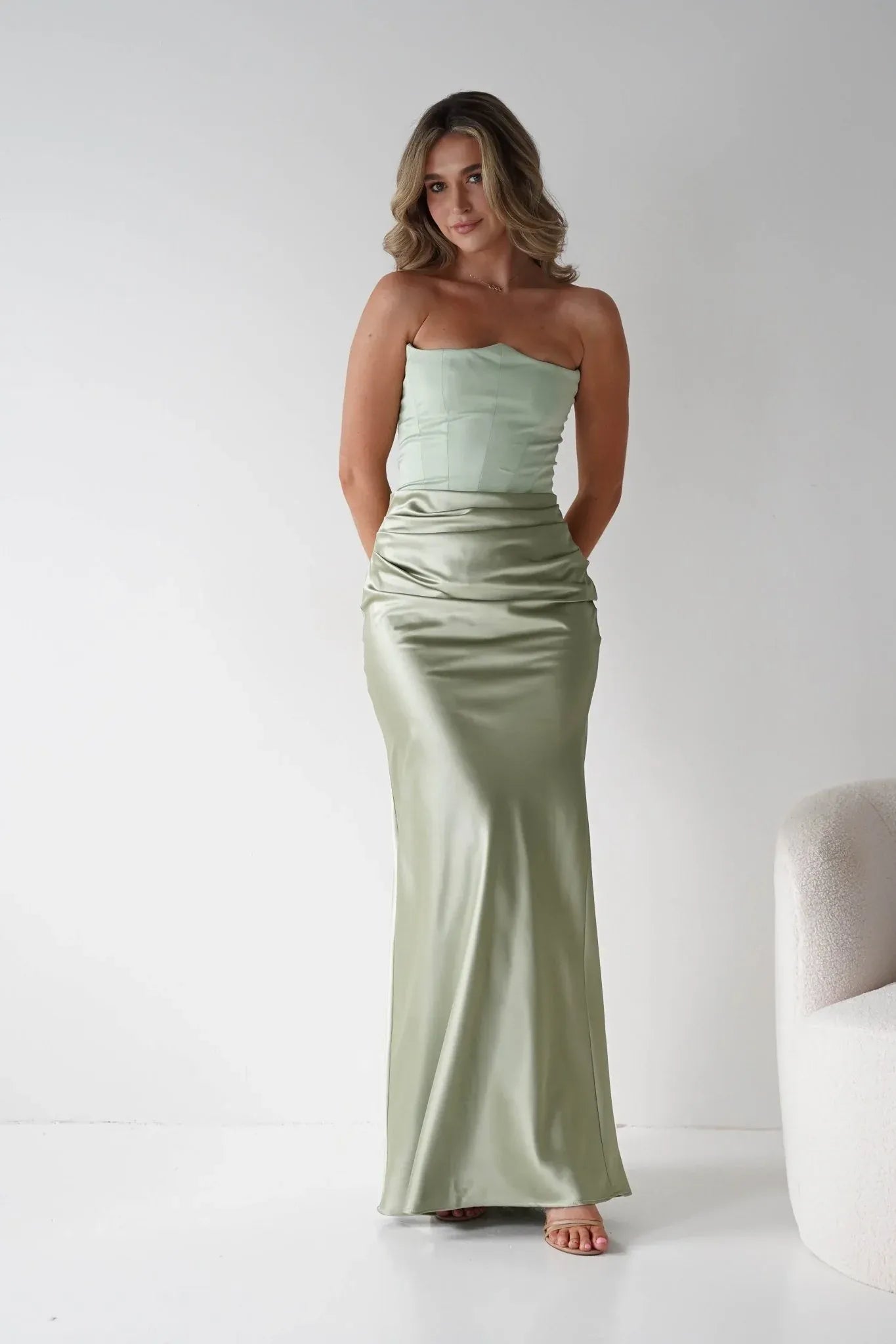 Strapless Sage Green Satin Mermaid Bridesmaid Dress with Lace-Up Back