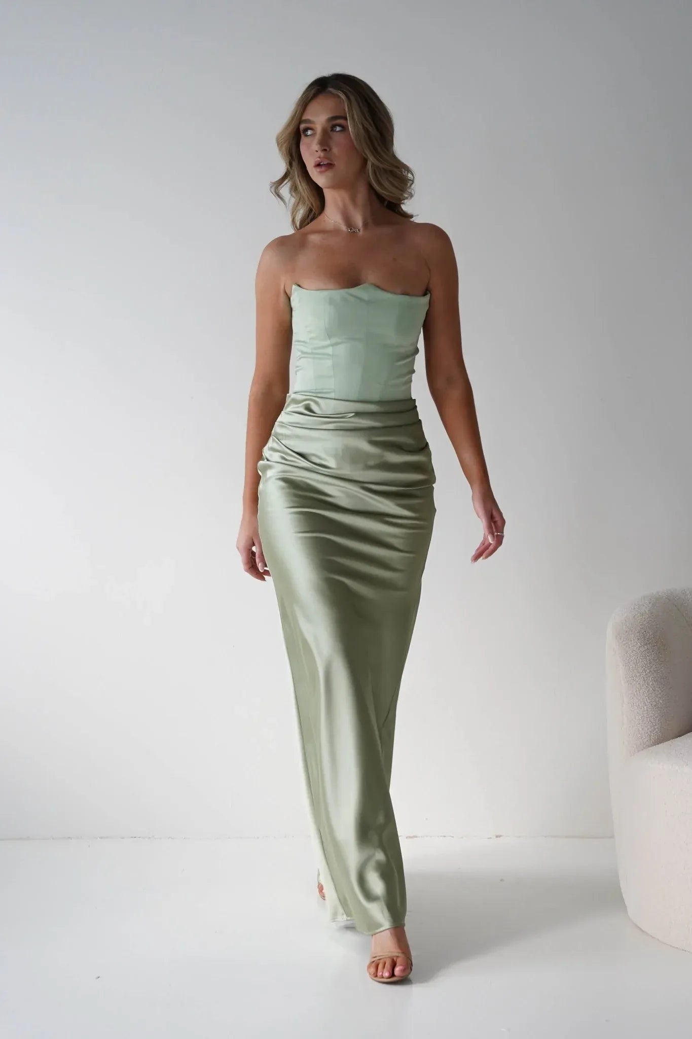 Strapless Sage Green Satin Mermaid Bridesmaid Dress with Lace-Up Back