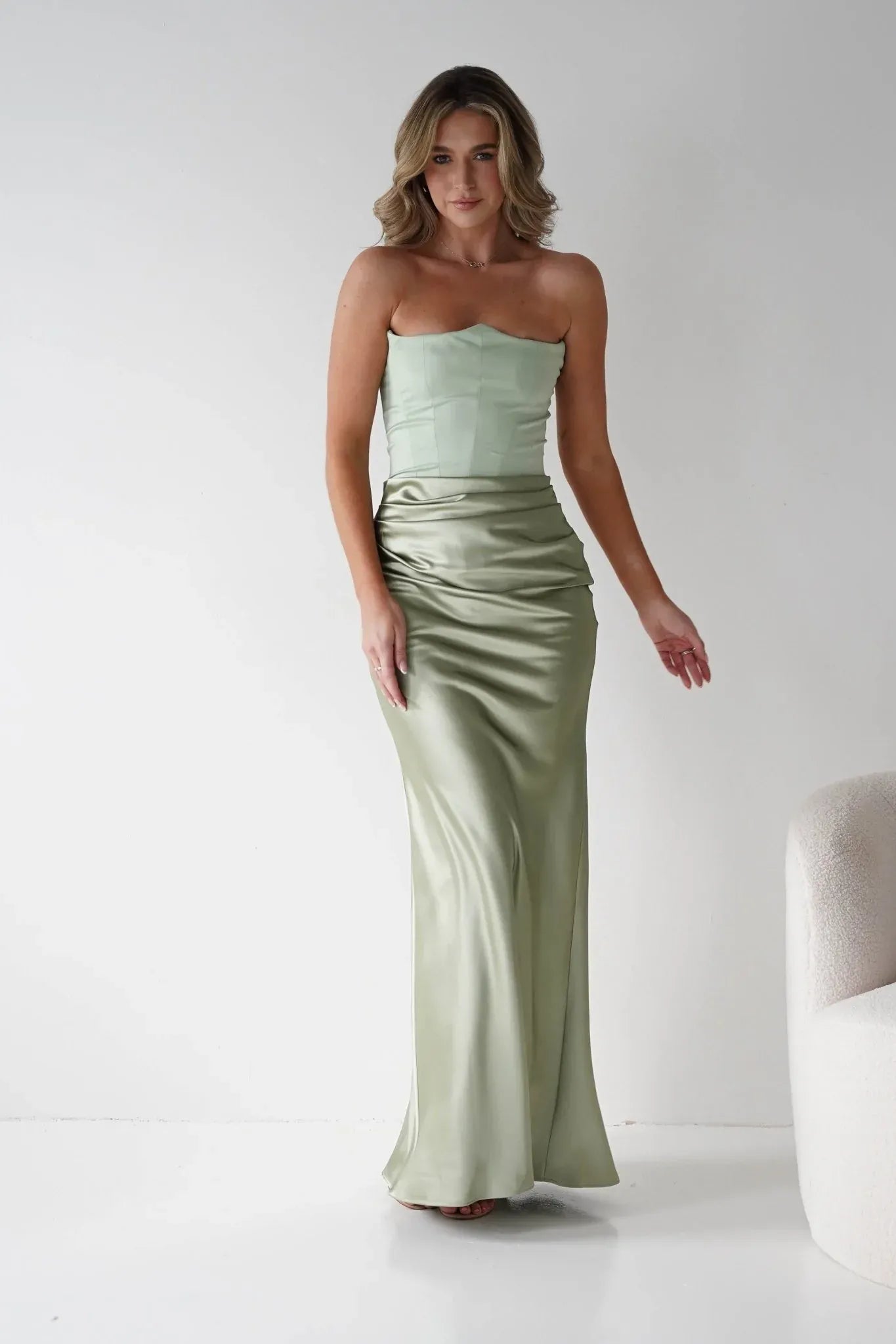 Strapless Sage Green Satin Mermaid Bridesmaid Dress with Lace-Up Back