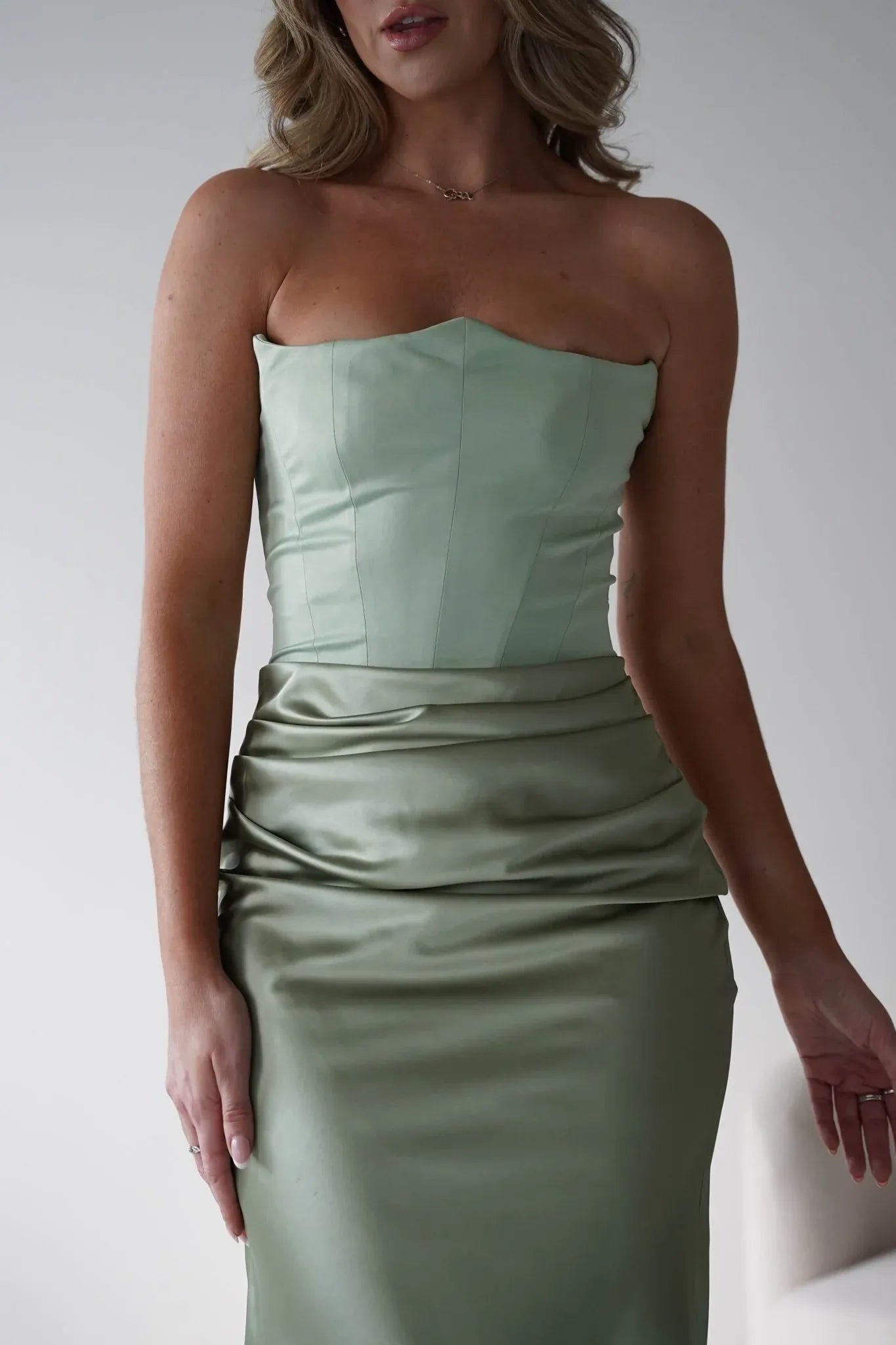 Strapless Sage Green Satin Mermaid Bridesmaid Dress with Lace-Up Back