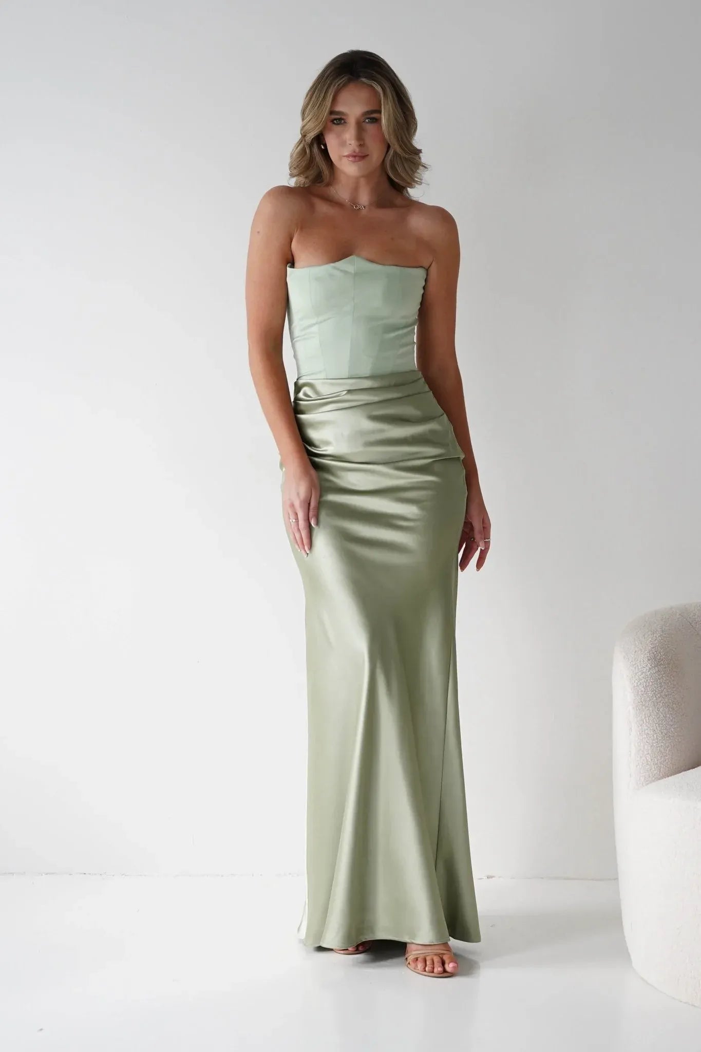 Strapless Sage Green Satin Mermaid Bridesmaid Dress with Lace-Up Back