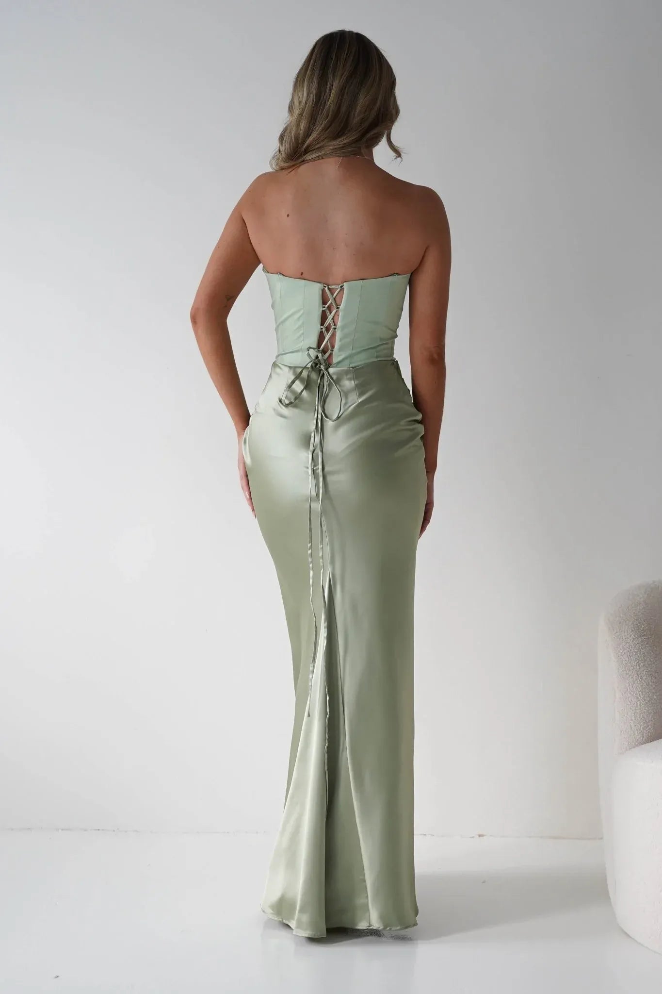 Strapless Sage Green Satin Mermaid Bridesmaid Dress with Lace-Up Back