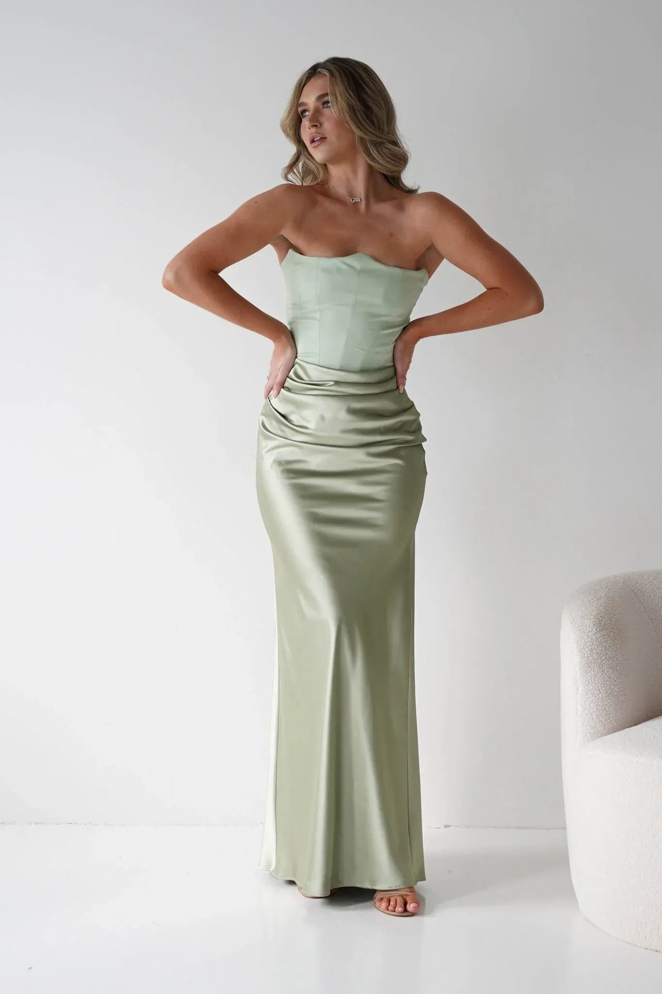 Strapless Sage Green Satin Mermaid Bridesmaid Dress with Lace-Up Back