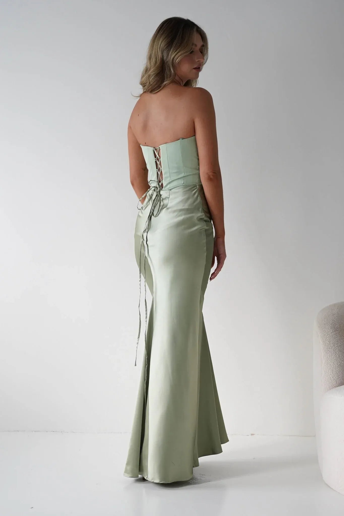 Strapless Sage Green Satin Mermaid Bridesmaid Dress with Lace-Up Back