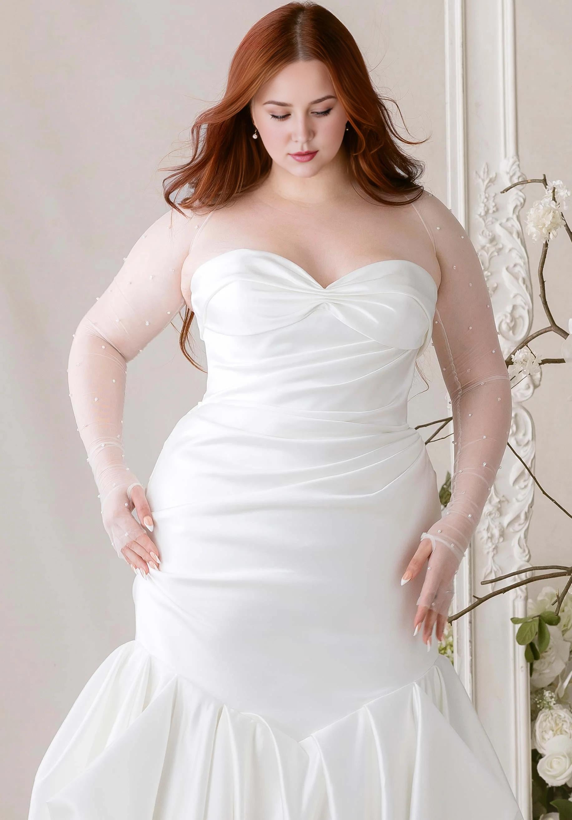 Strapless Sweetheart Mermaid Wedding Dress with Beaded Tulle Sleeves
