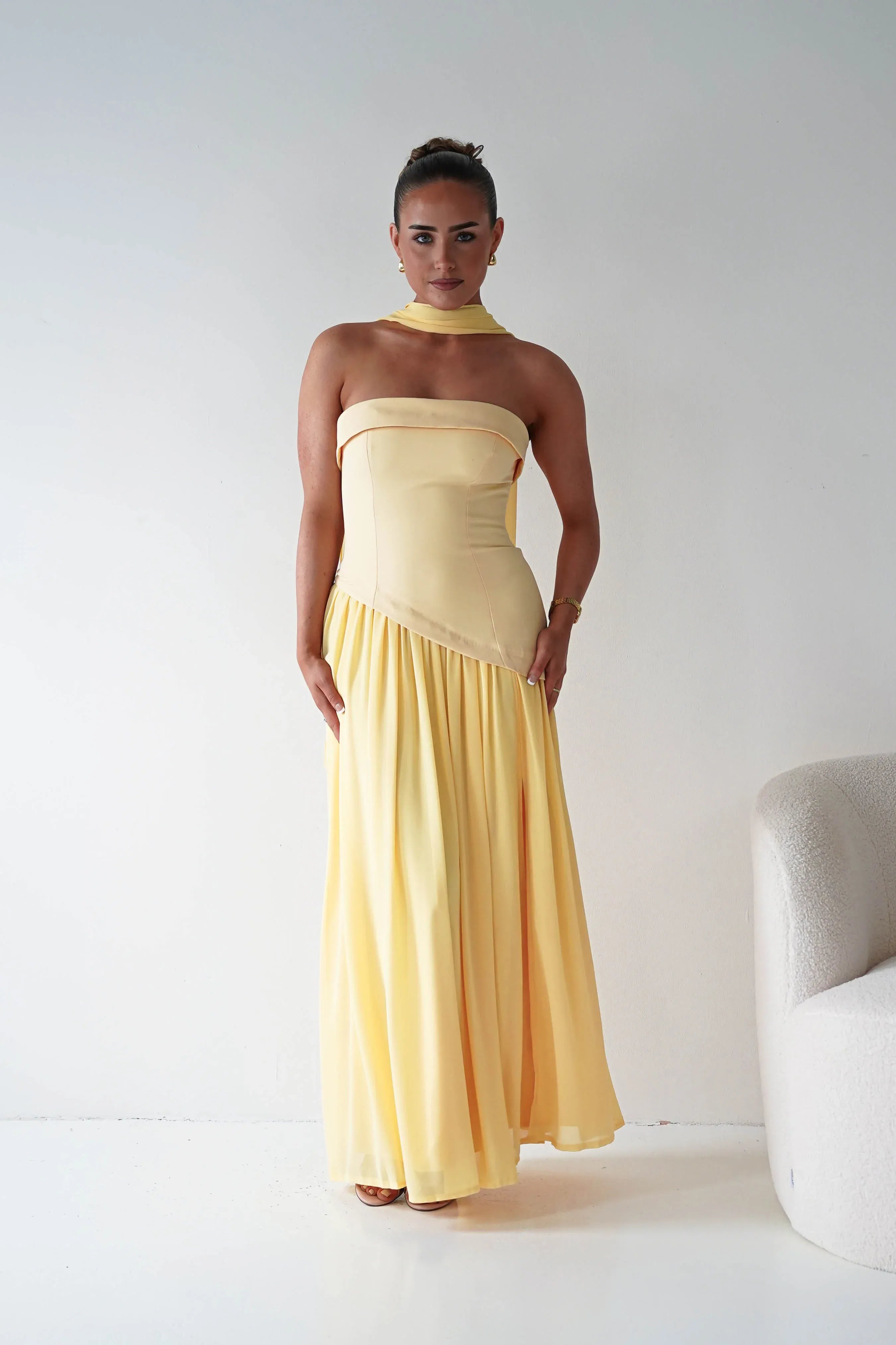 Strapless Yellow Chiffon Maxi Bridesmaid Dress with Draped Neck Scarf Detail