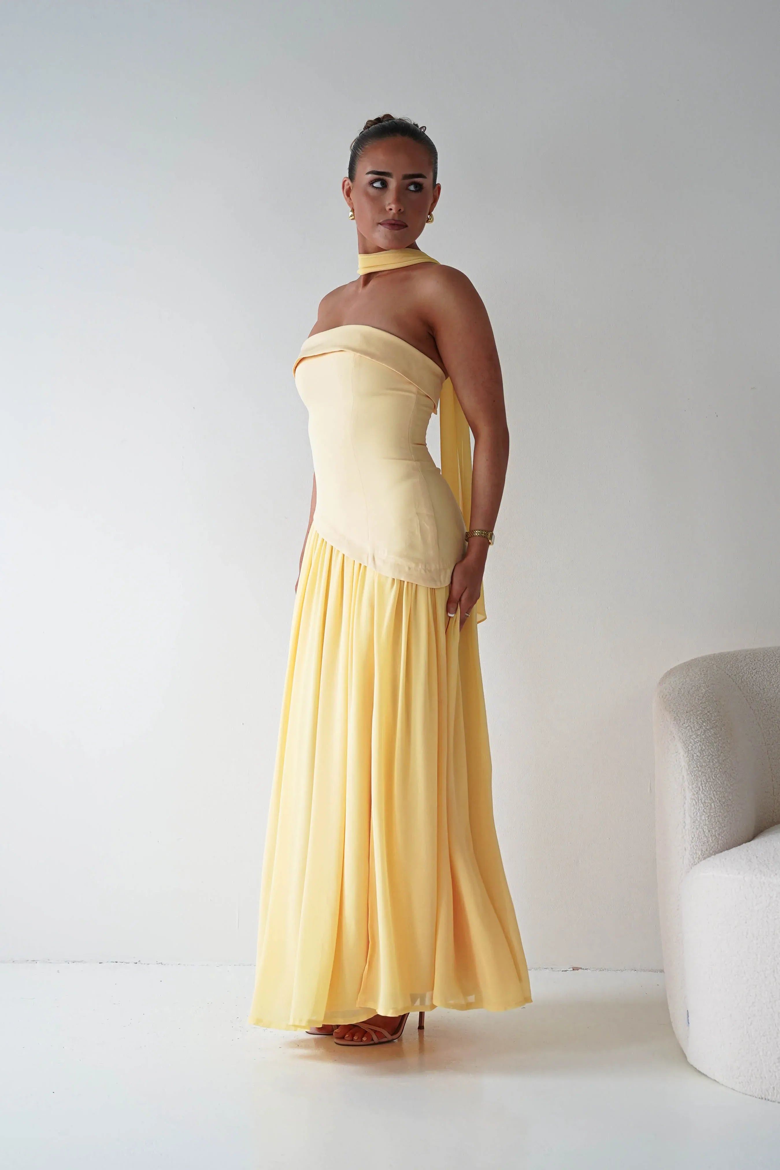 Strapless Yellow Chiffon Maxi Bridesmaid Dress with Draped Neck Scarf Detail