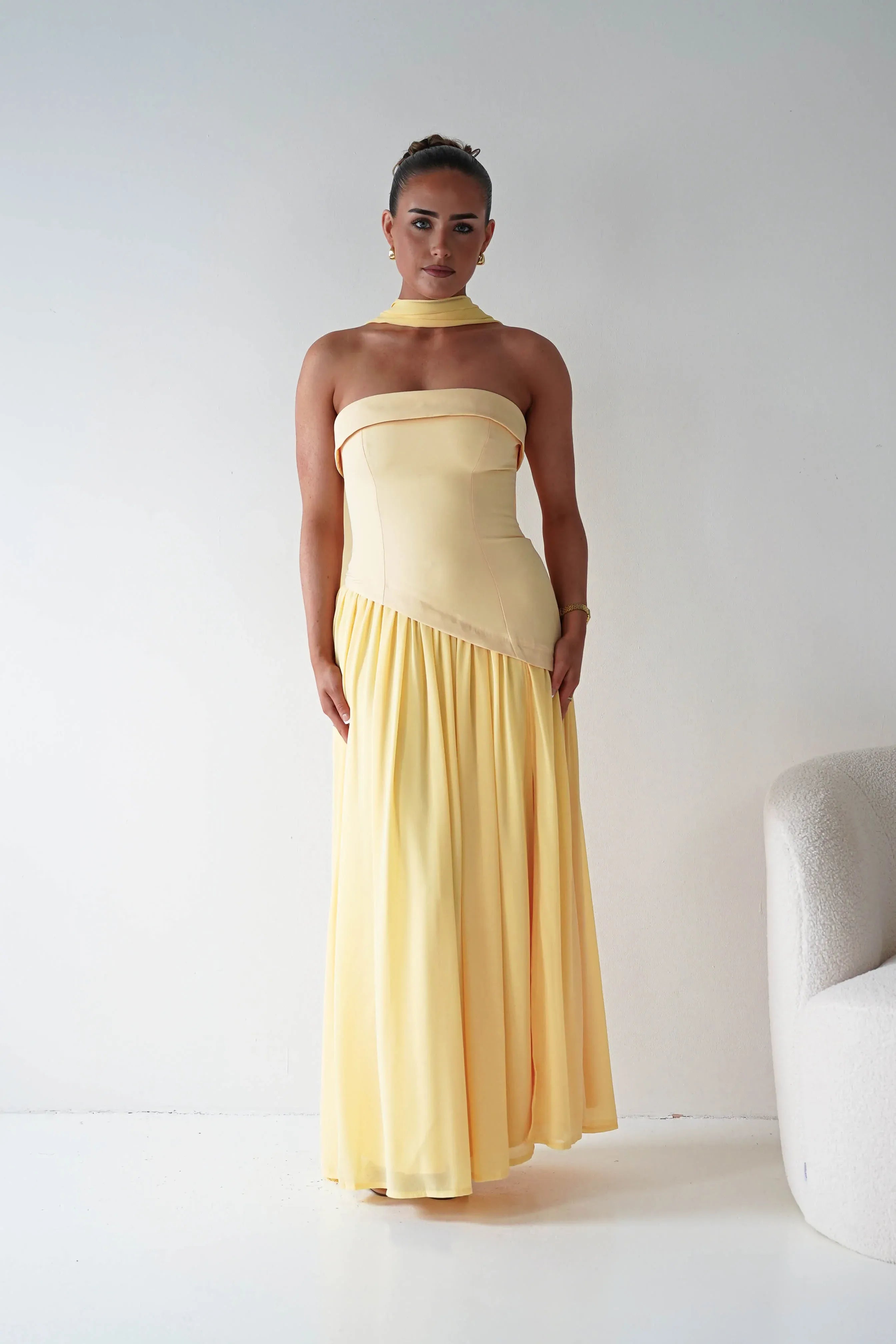 Strapless Yellow Chiffon Maxi Bridesmaid Dress with Draped Neck Scarf Detail