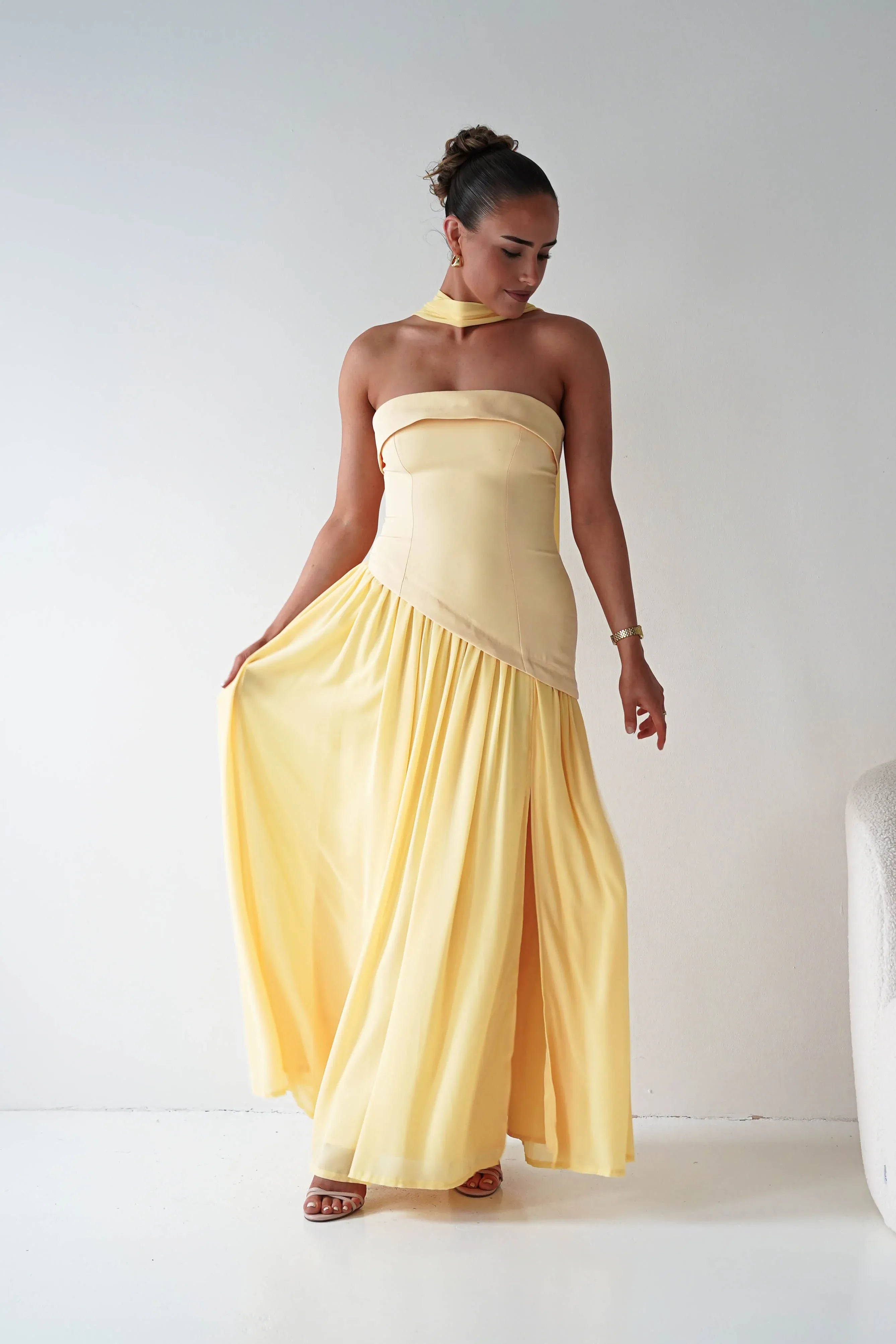 Strapless Yellow Chiffon Maxi Bridesmaid Dress with Draped Neck Scarf Detail