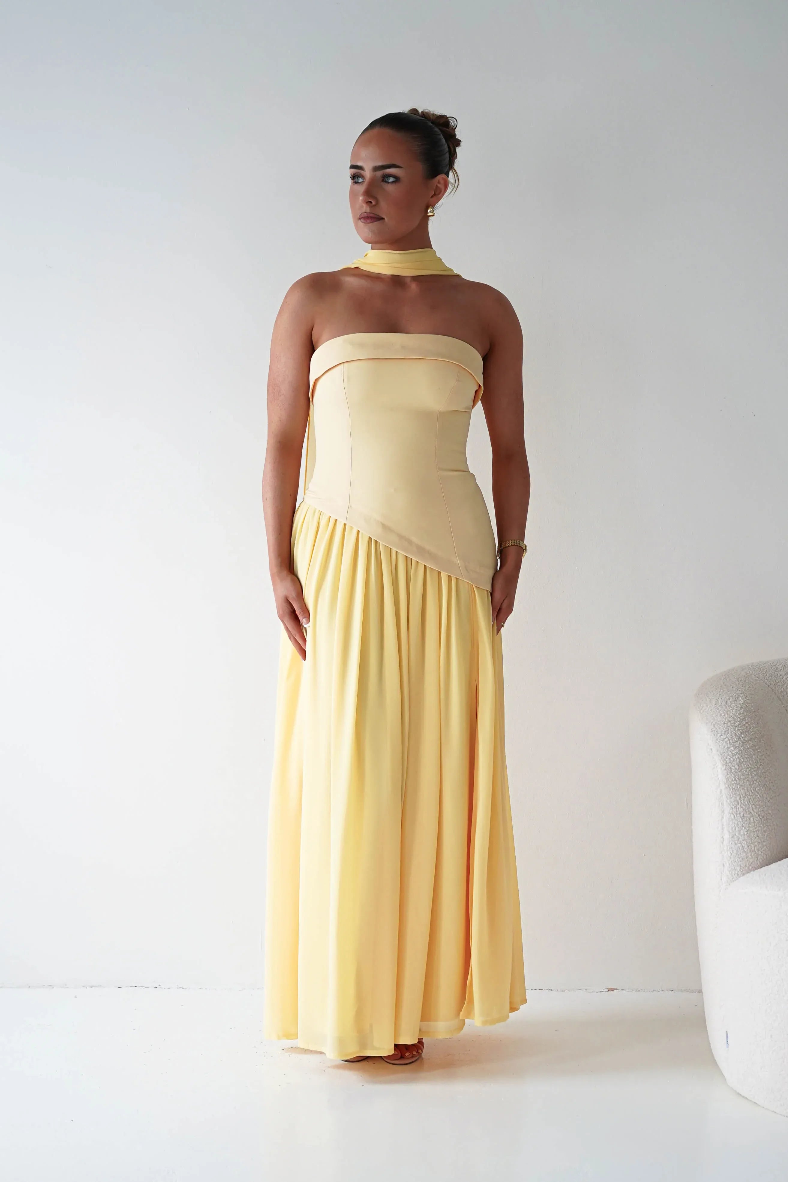 Strapless Yellow Chiffon Maxi Bridesmaid Dress with Draped Neck Scarf Detail