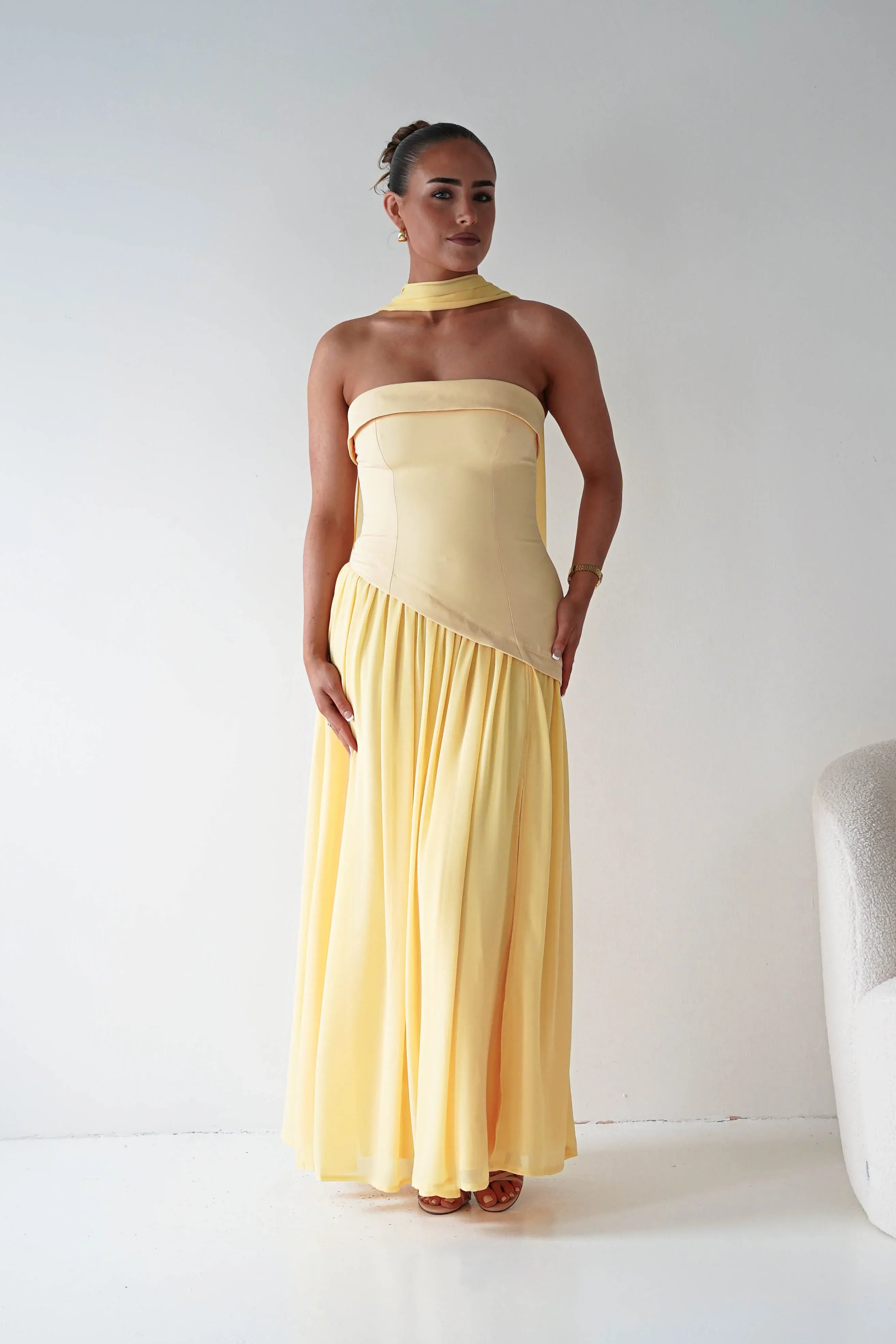 Strapless Yellow Chiffon Maxi Bridesmaid Dress with Draped Neck Scarf Detail