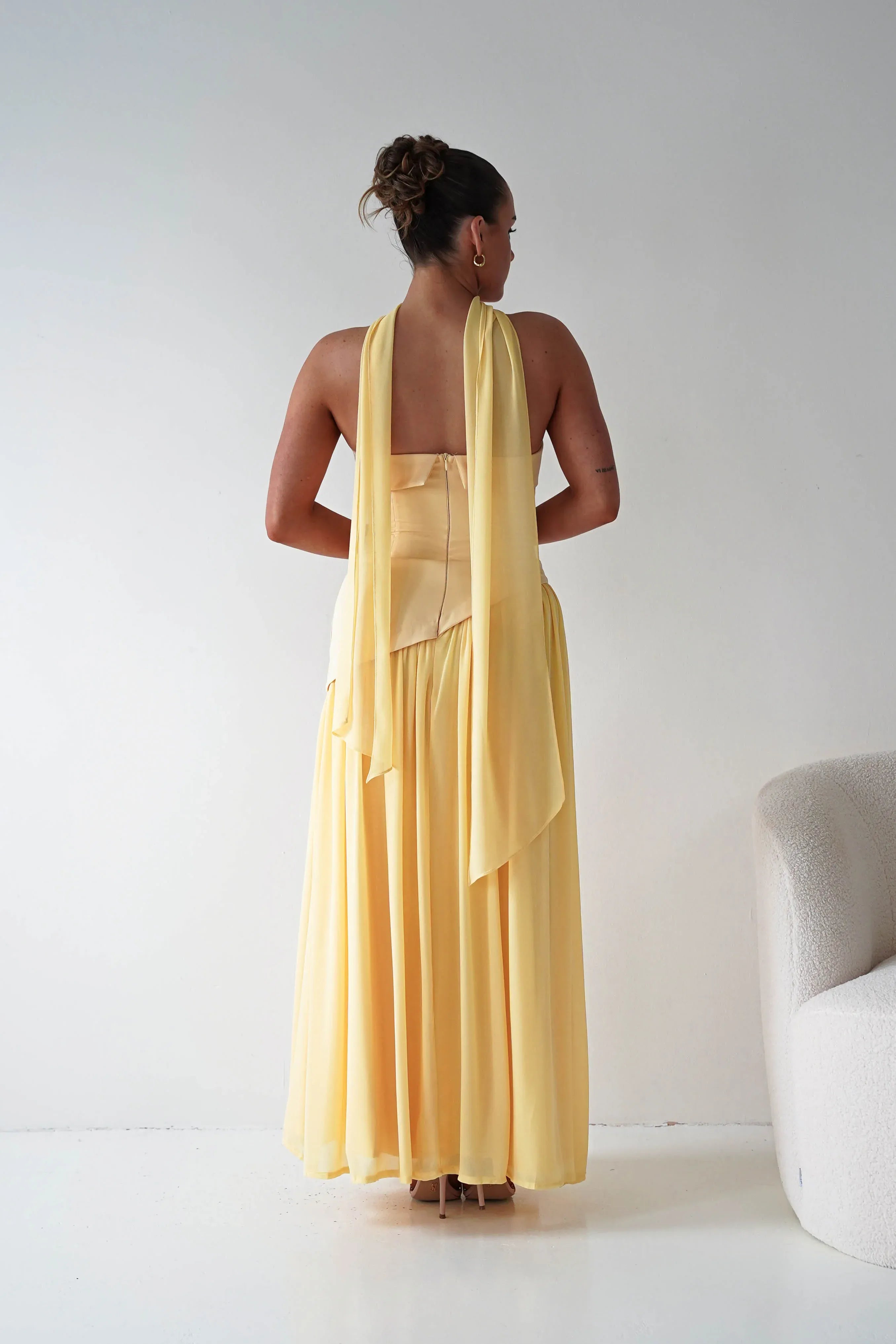 Strapless Yellow Chiffon Maxi Bridesmaid Dress with Draped Neck Scarf Detail
