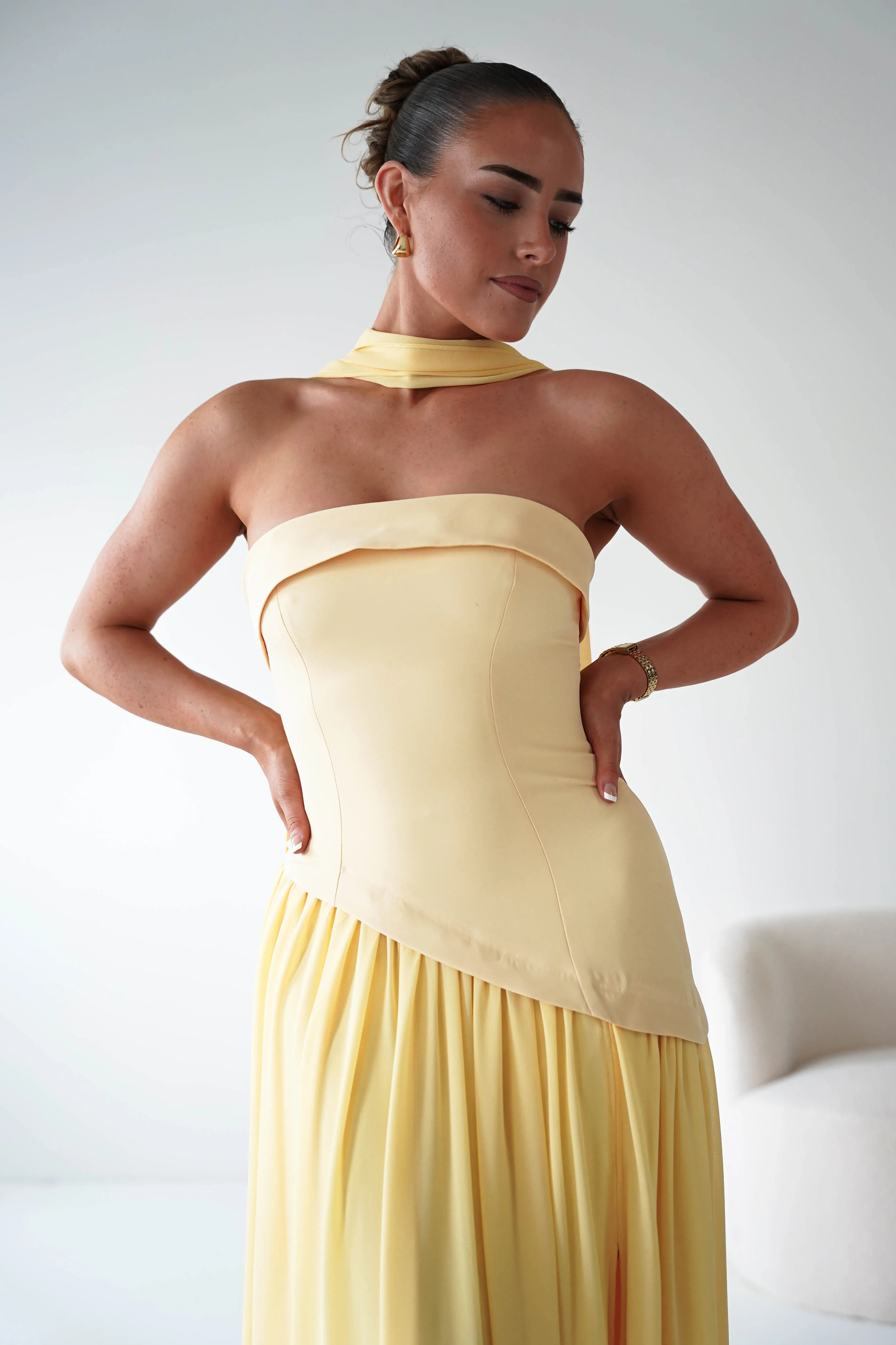 Strapless Yellow Chiffon Maxi Bridesmaid Dress with Draped Neck Scarf Detail